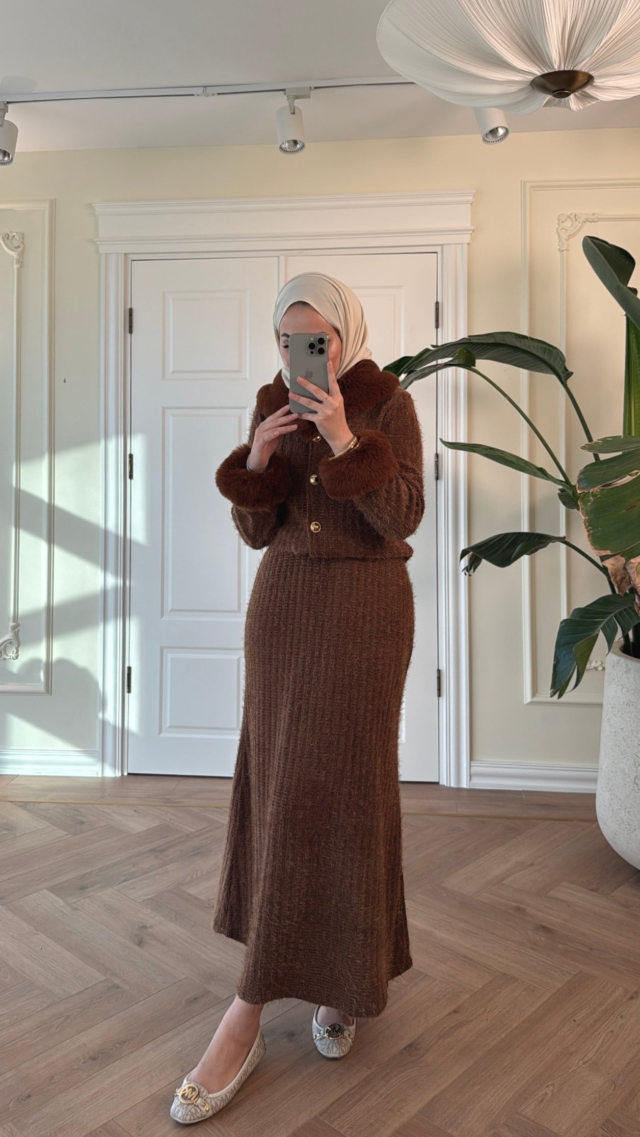 Kürk Detaylı Triko Etekli Takım-Kahve -8937
