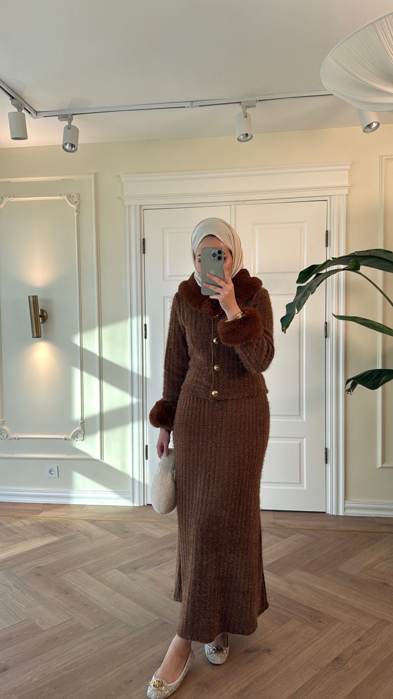 Kürk Detaylı Triko Etekli Takım-Kahve -8937