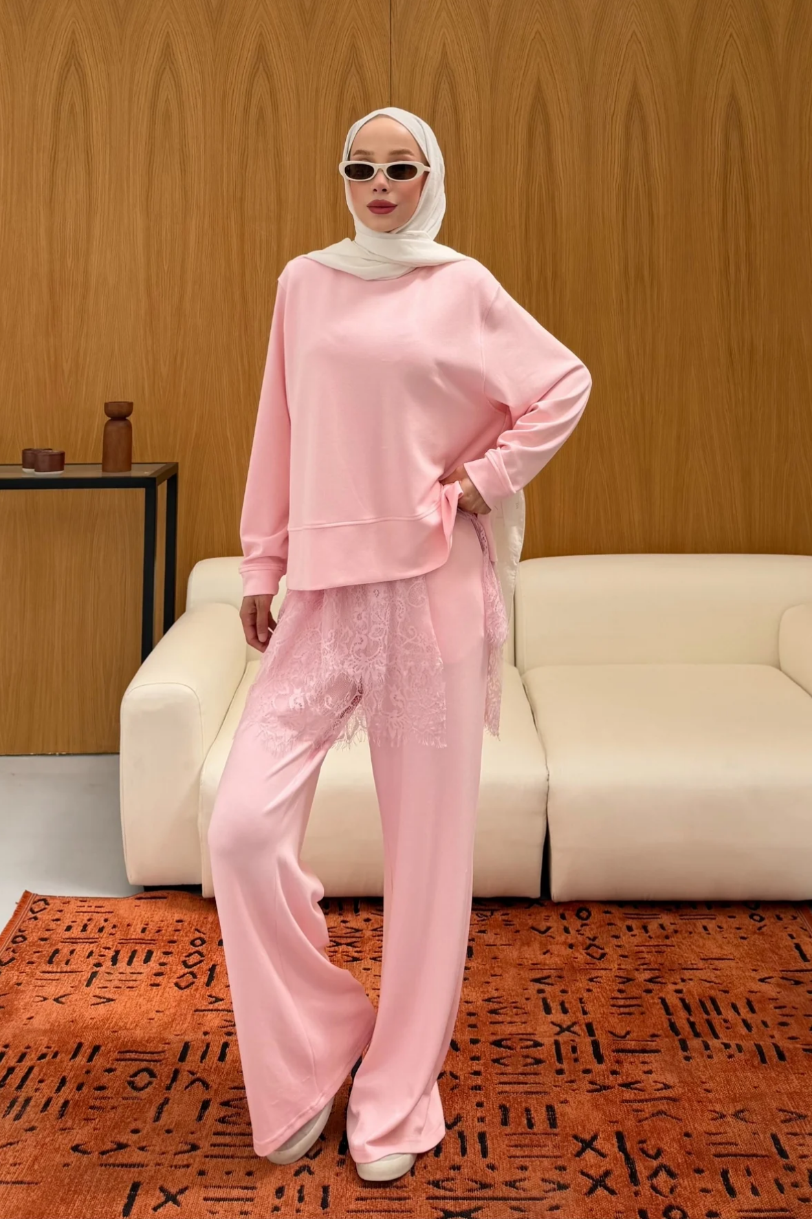 Leman Dantel Detaylı Takım - Pembe-2412