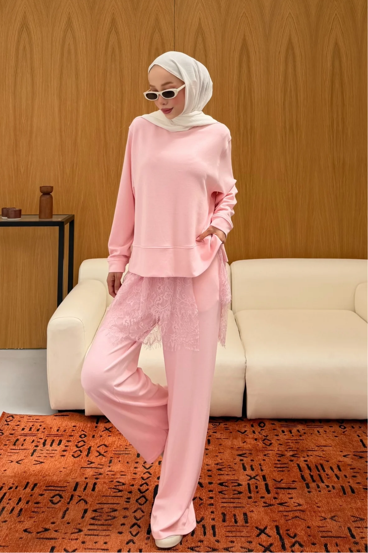 Leman Dantel Detaylı Takım - Pembe-2412
