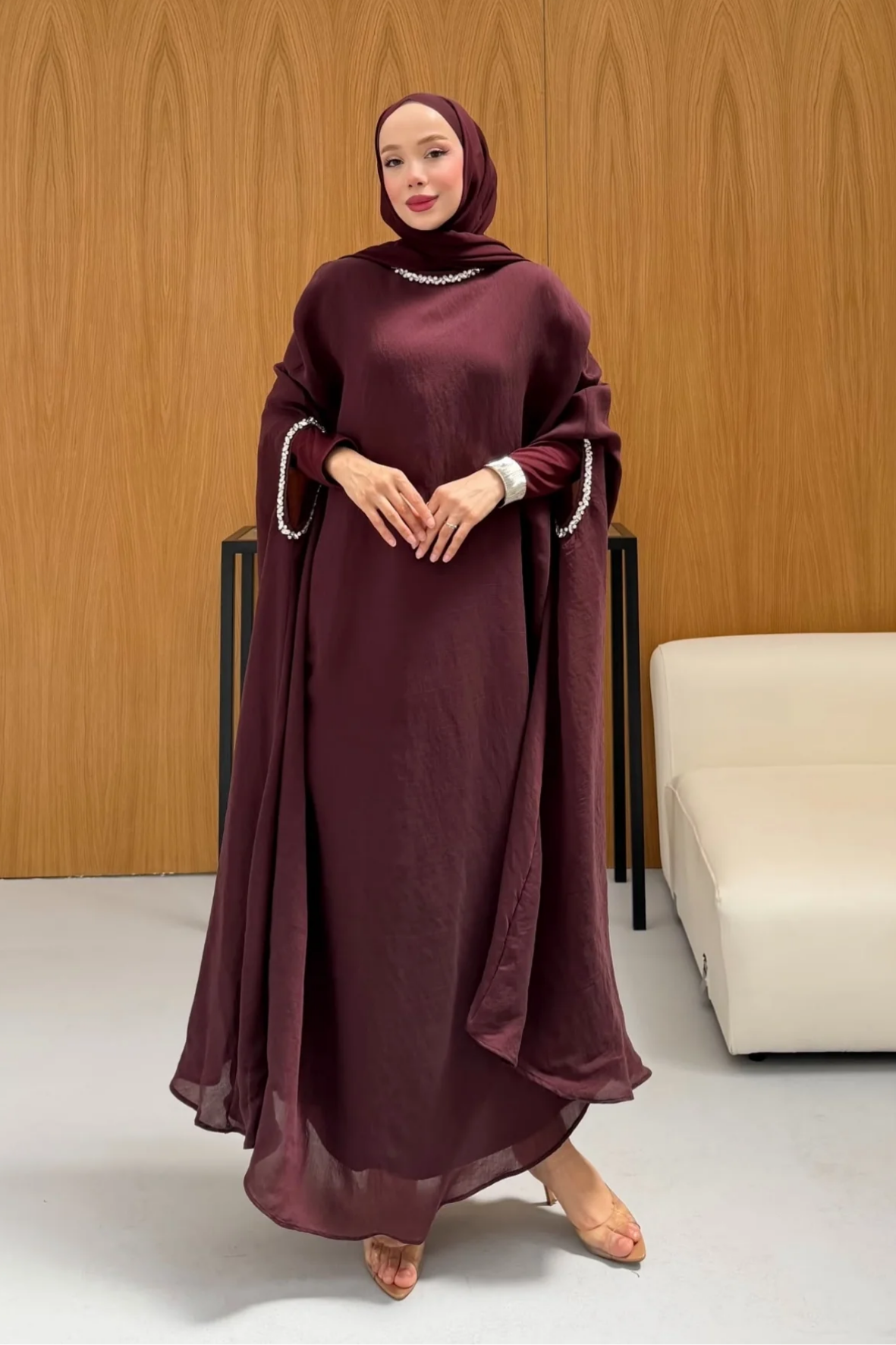 Leval Taş Detaylı Elbise  - Mürdüm-3066