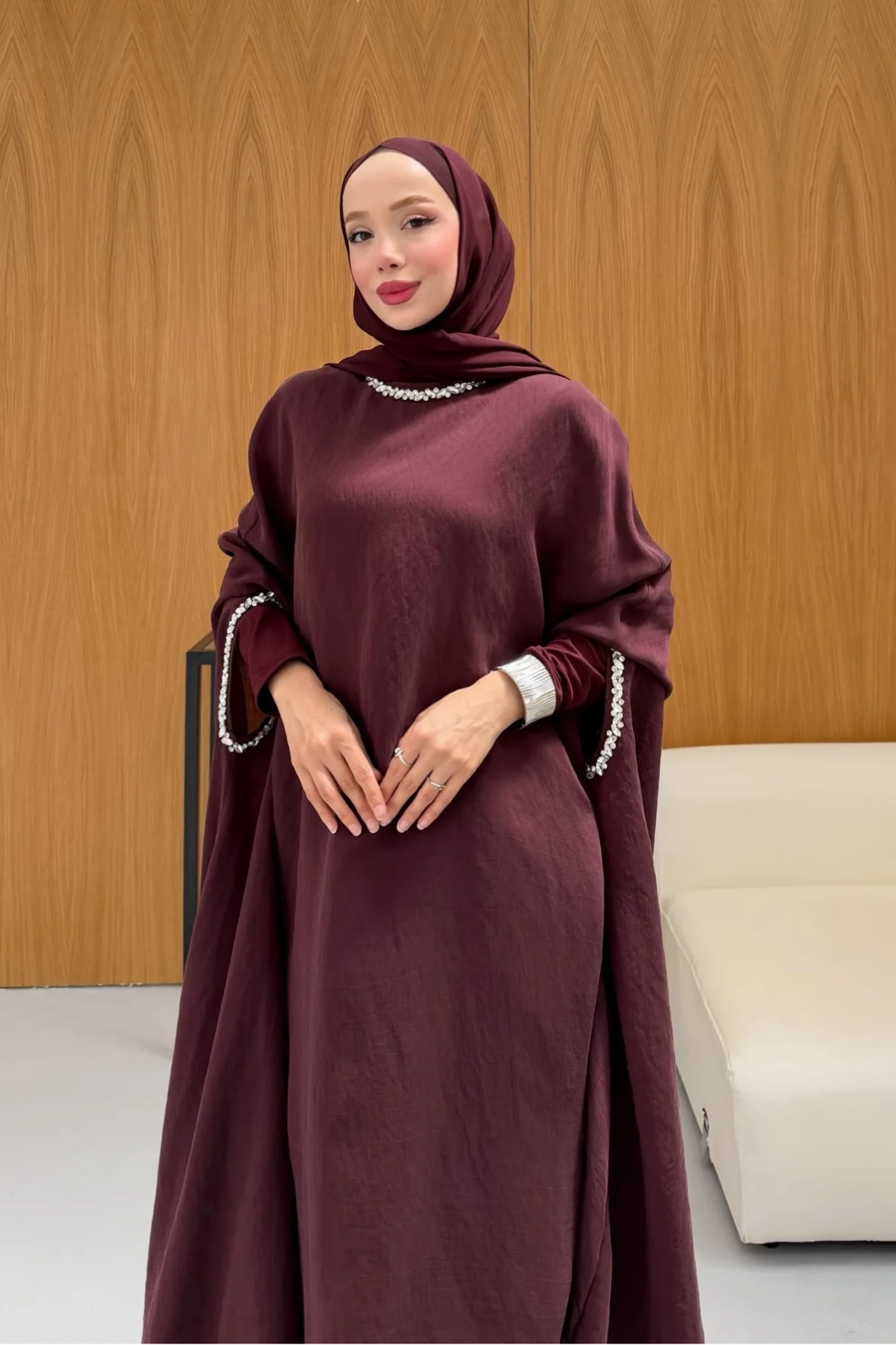 Leval Taş Detaylı Elbise  - Mürdüm-3066