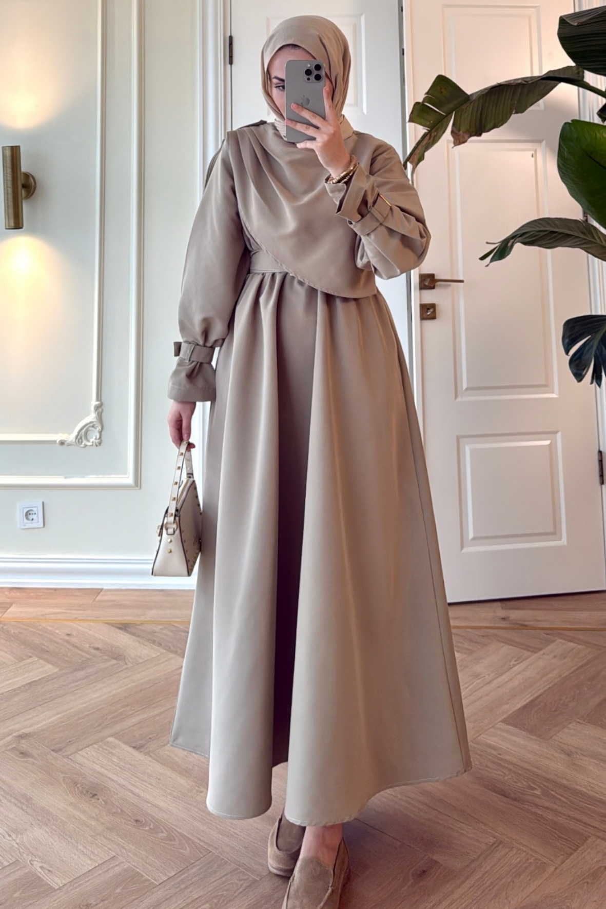 Lezya Şal Detaylı Trenç Elbise-Çağla-8865