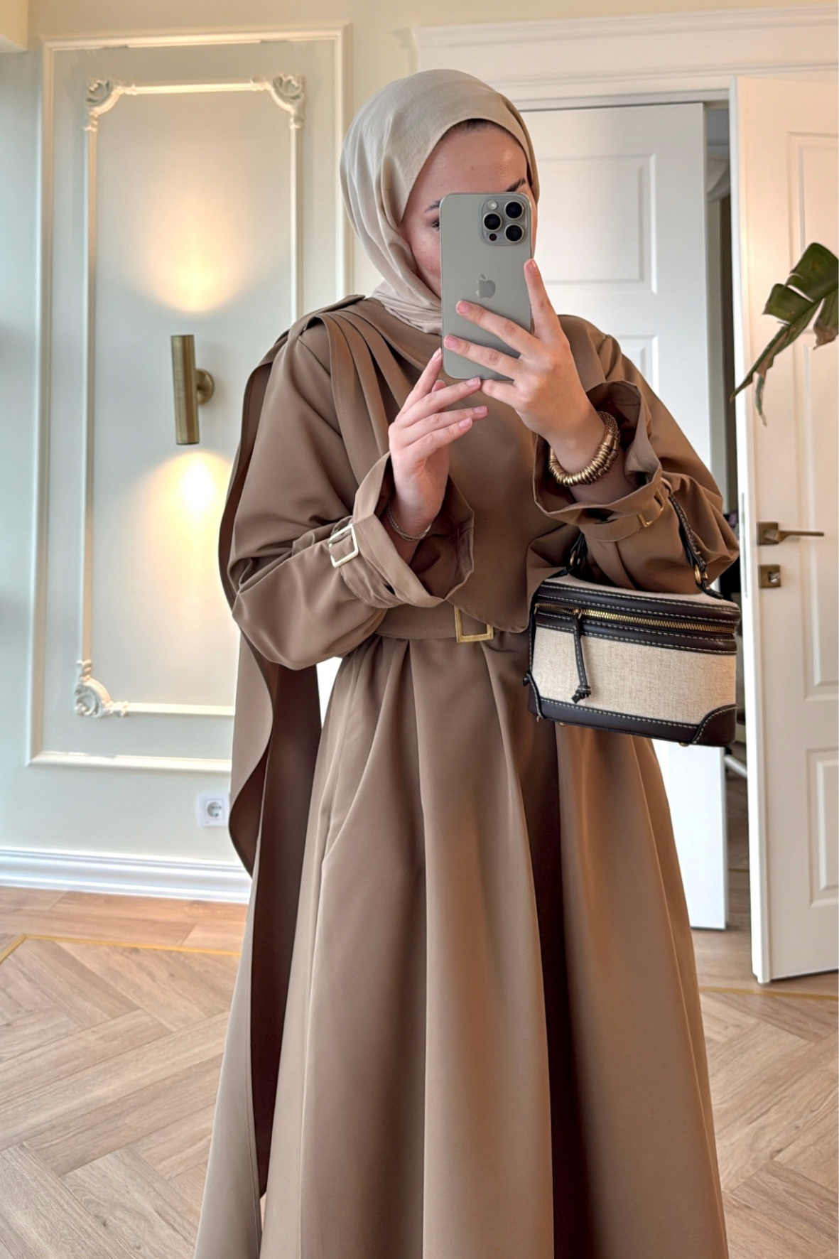 Lezya Şal Detaylı Trenç Elbise-Camel-8865