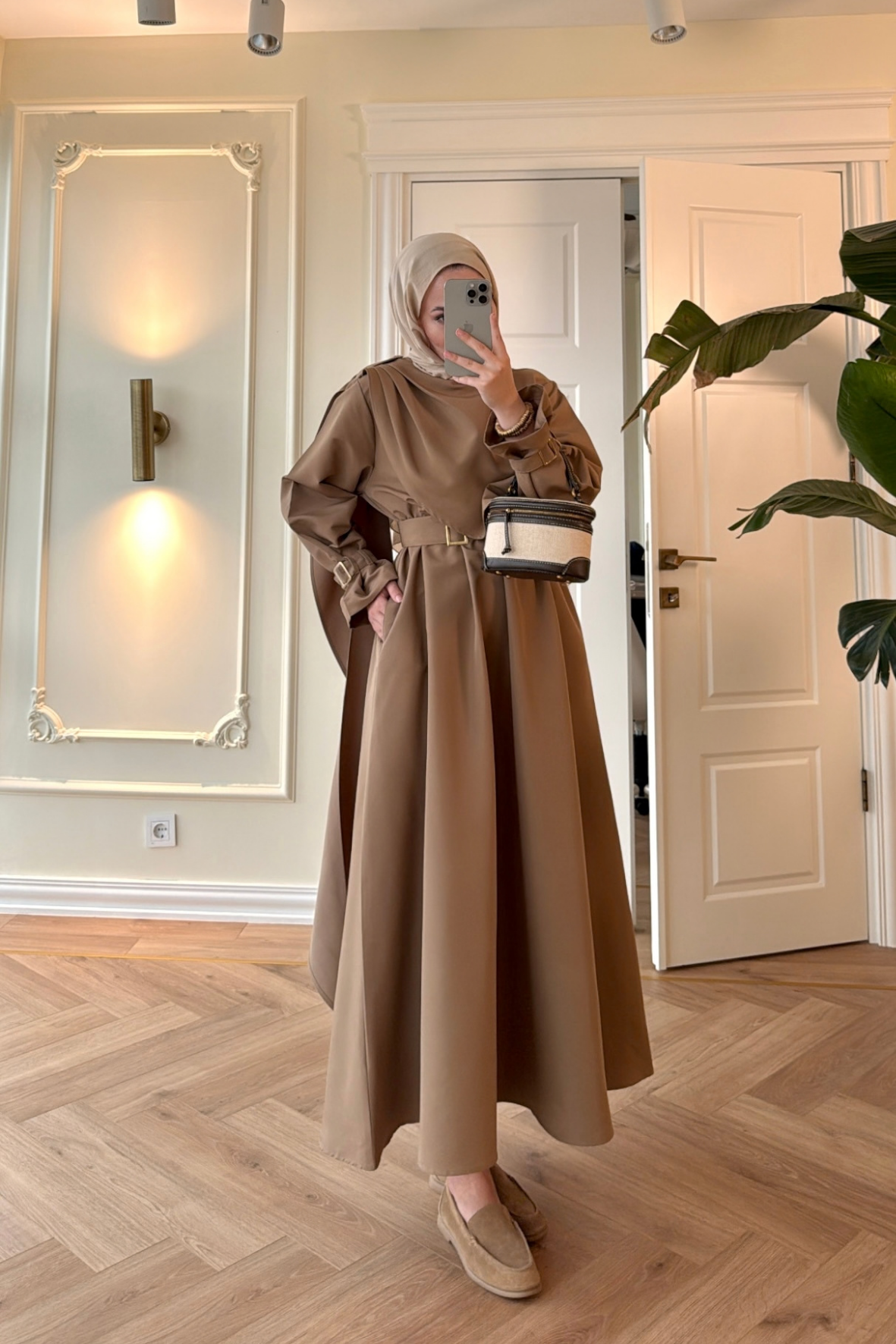 Lezya Şal Detaylı Trenç Elbise-Camel-8865
