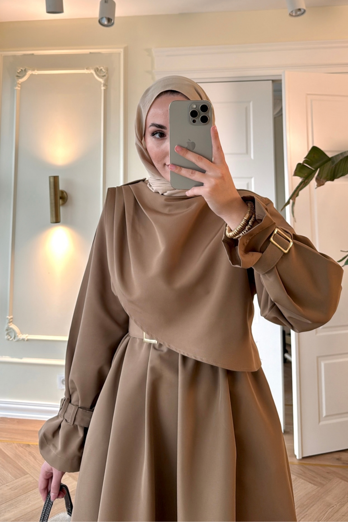 Lezya Şal Detaylı Trenç Elbise-Camel-8865