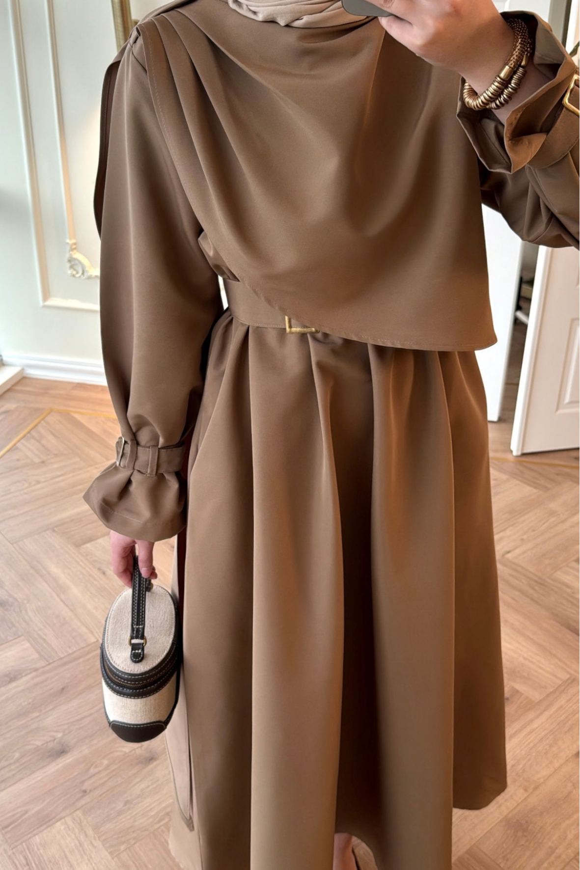 Lezya Şal Detaylı Trenç Elbise-Camel-8865