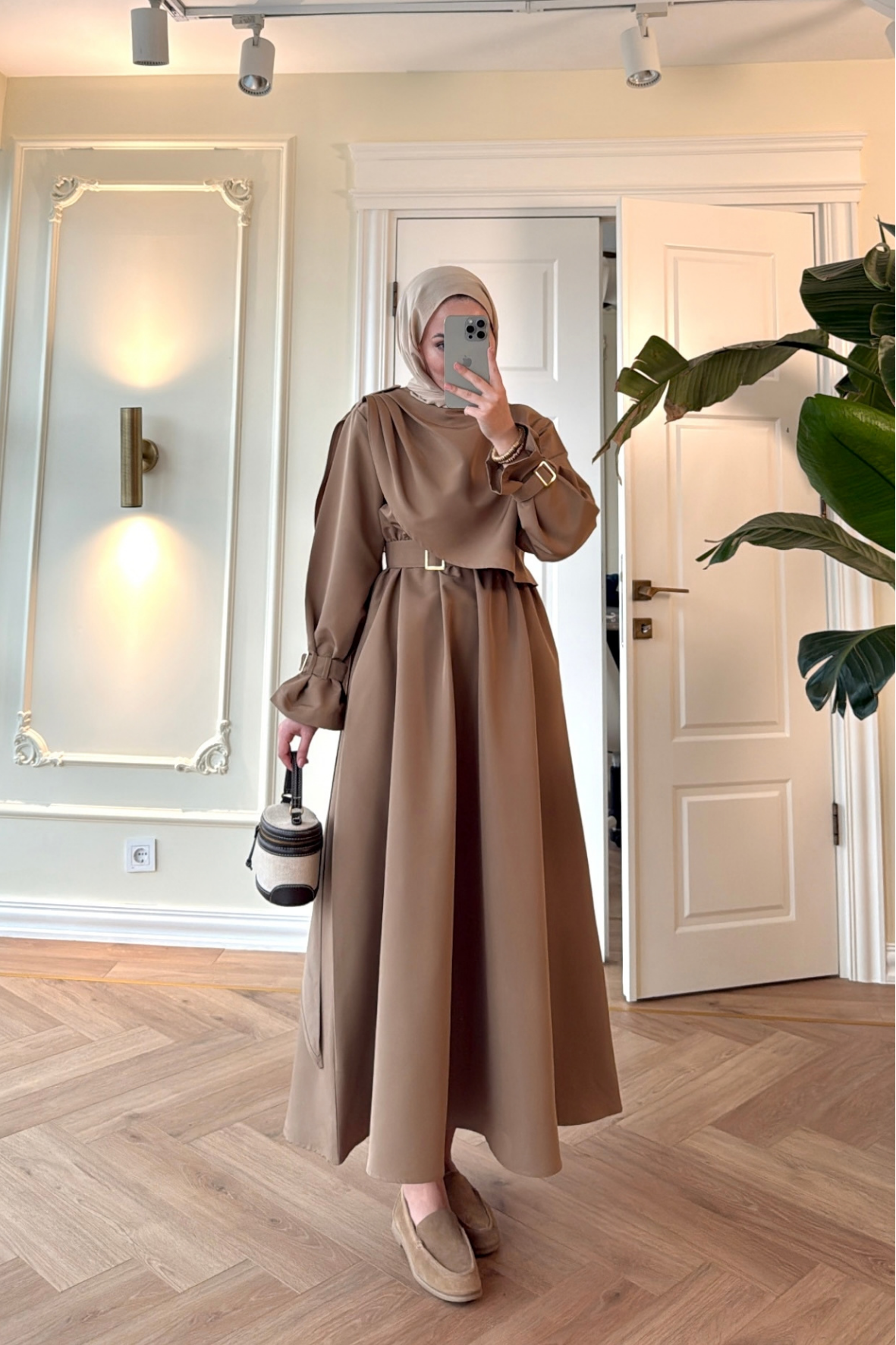 Lezya Şal Detaylı Trenç Elbise-Camel-8865