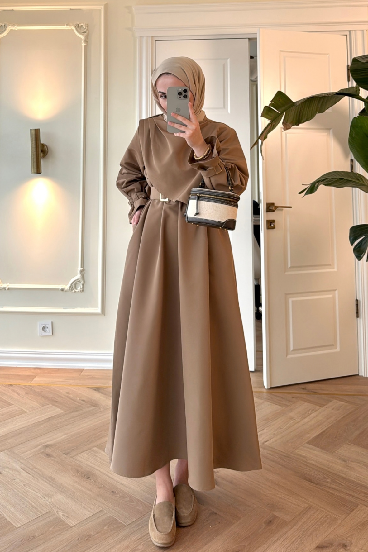 Lezya Şal Detaylı Trenç Elbise-Camel-8865