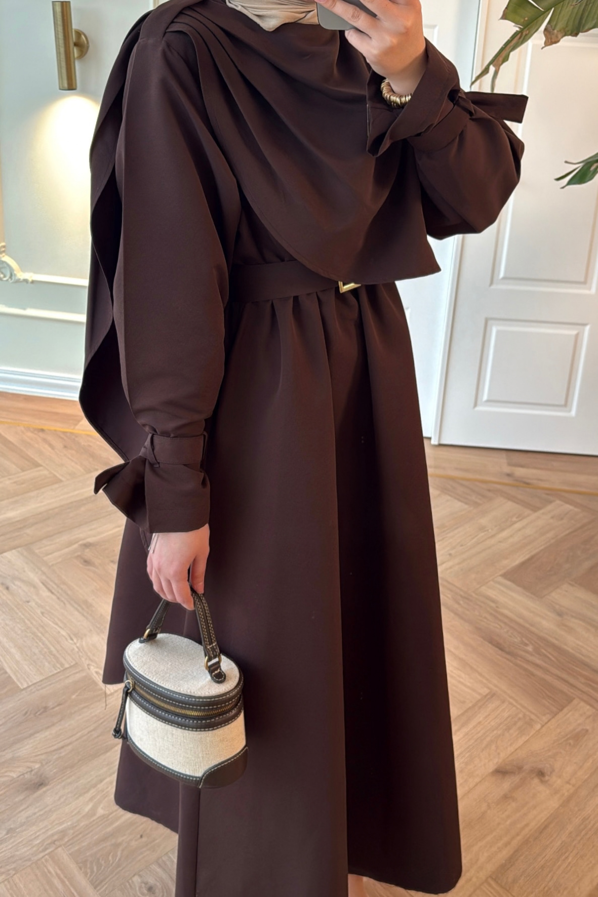 Lezya Şal Detaylı Trenç Elbise-Kahve-8865
