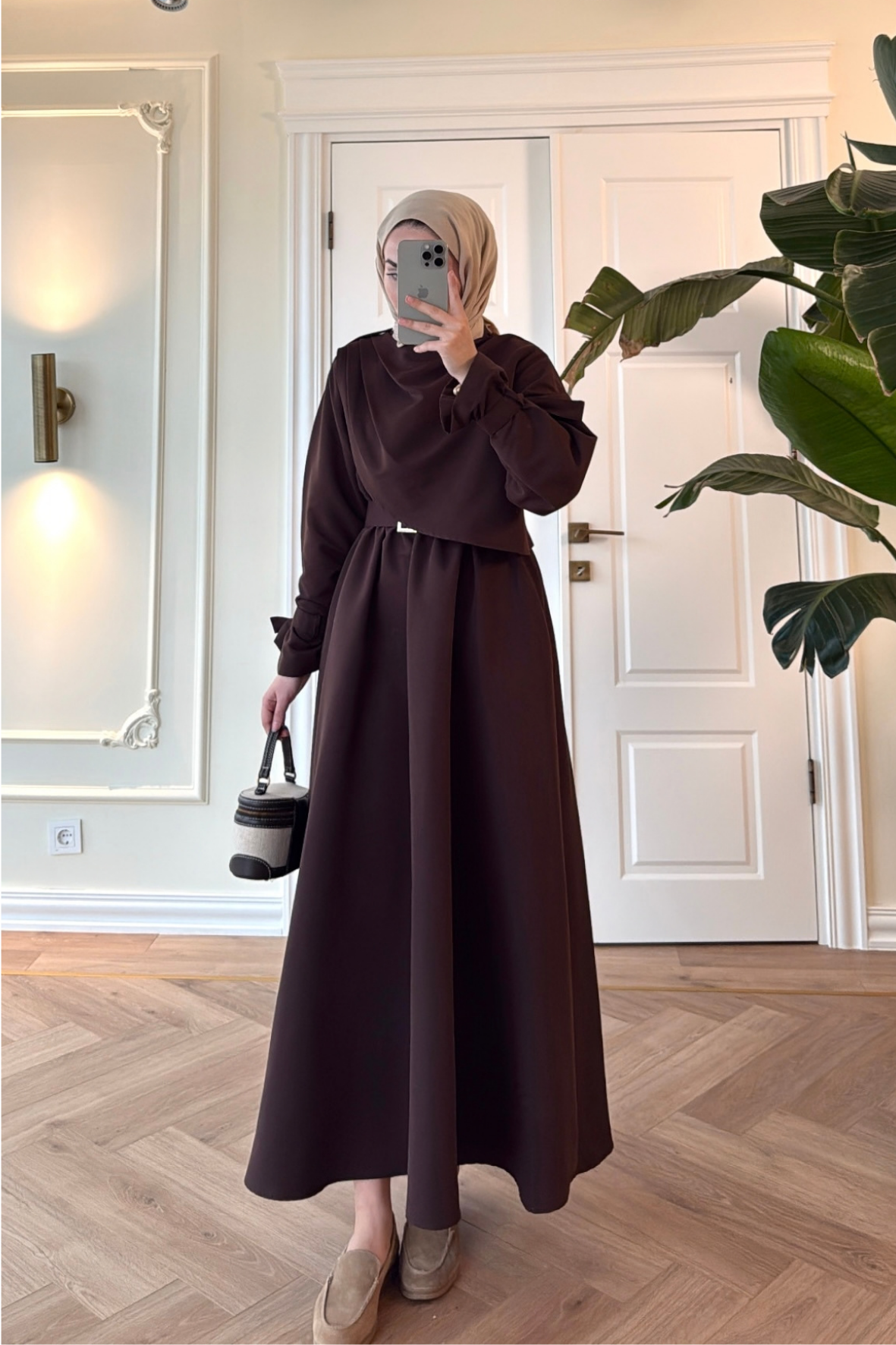 Lezya Şal Detaylı Trenç Elbise-Kahve-8865