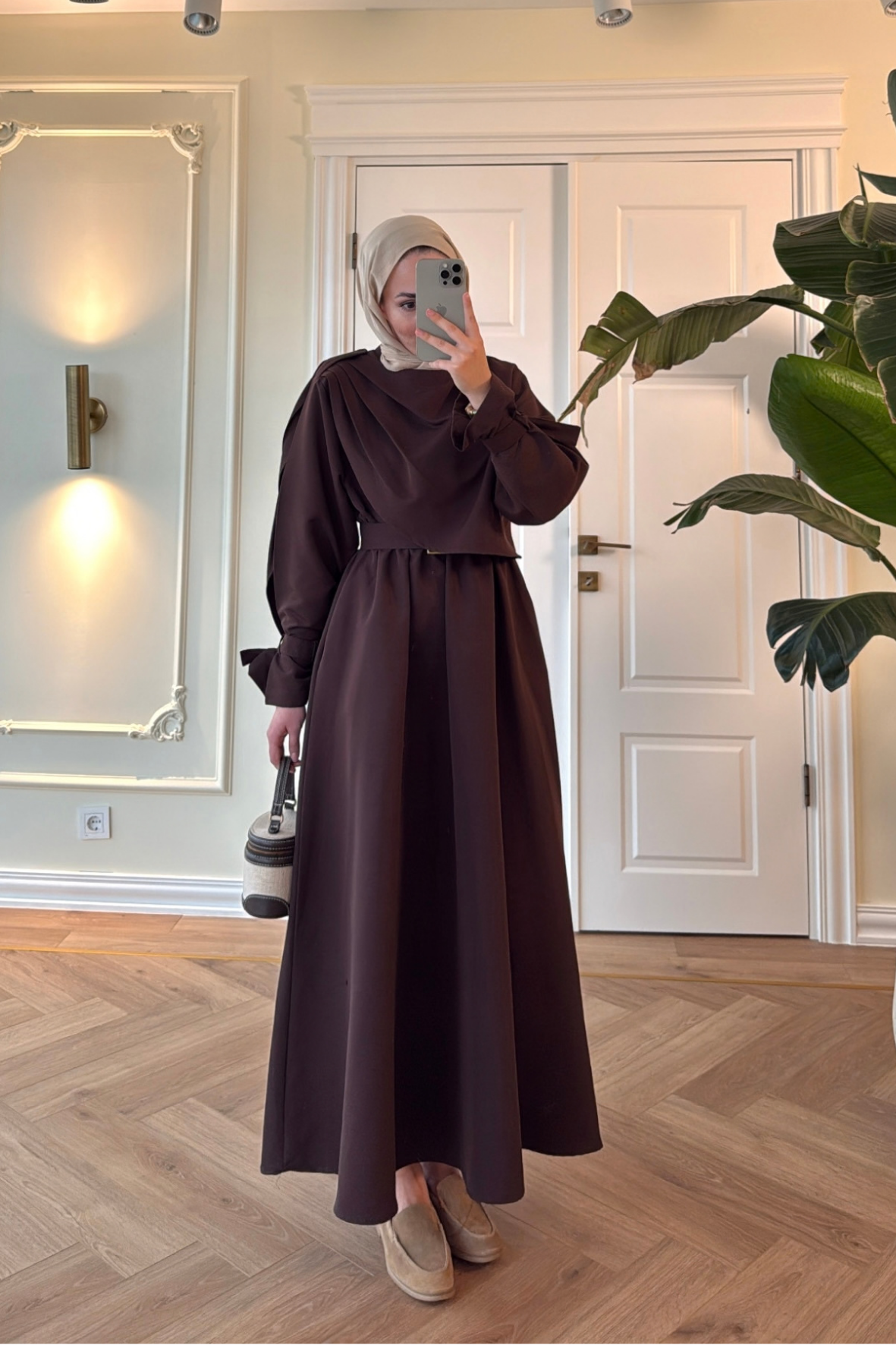 Lezya Şal Detaylı Trenç Elbise-Kahve-8865