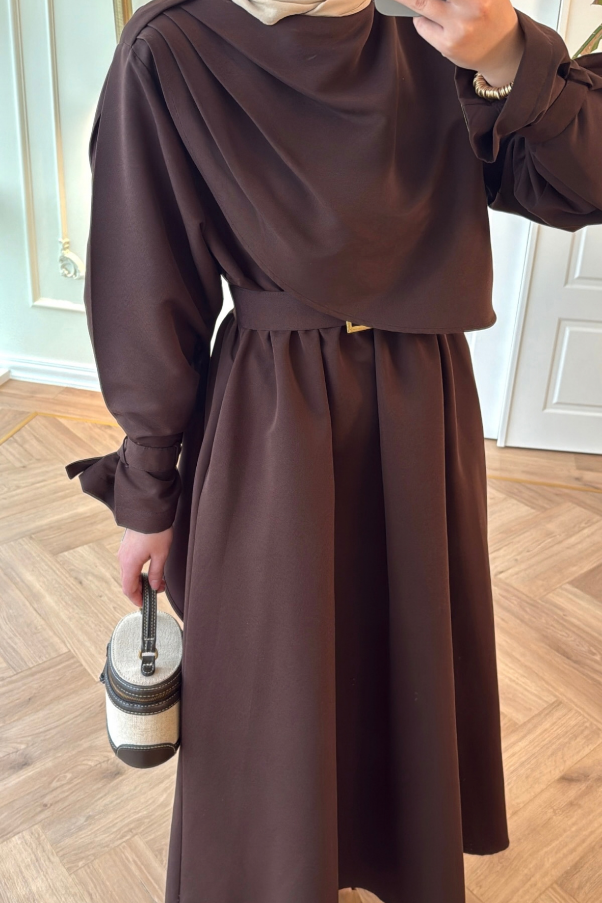 Lezya Şal Detaylı Trenç Elbise-Kahve-8865
