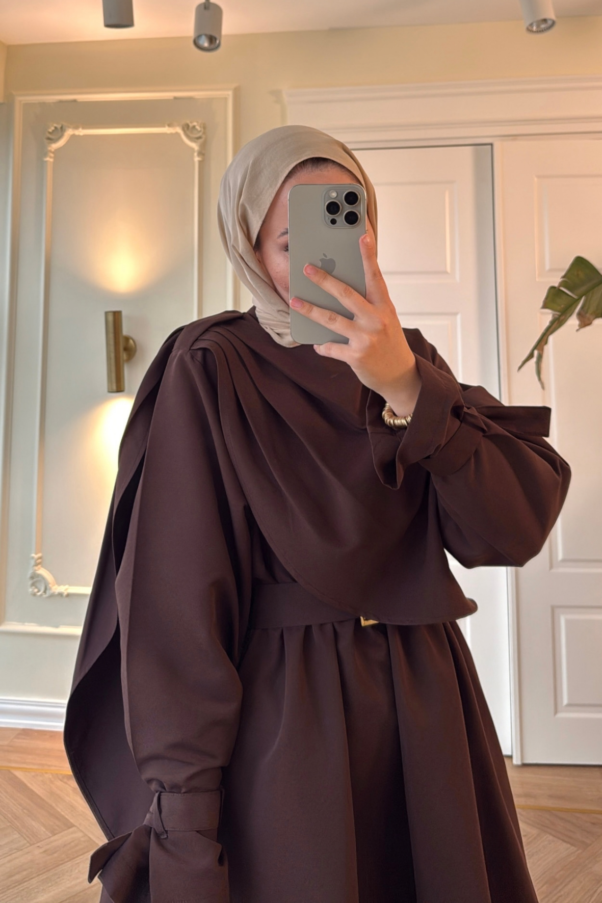 Lezya Şal Detaylı Trenç Elbise-Kahve-8865