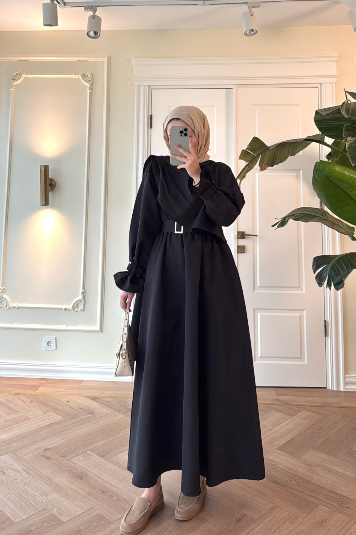 Lezya Şal Detaylı Trenç Elbise-Siyah-8865
