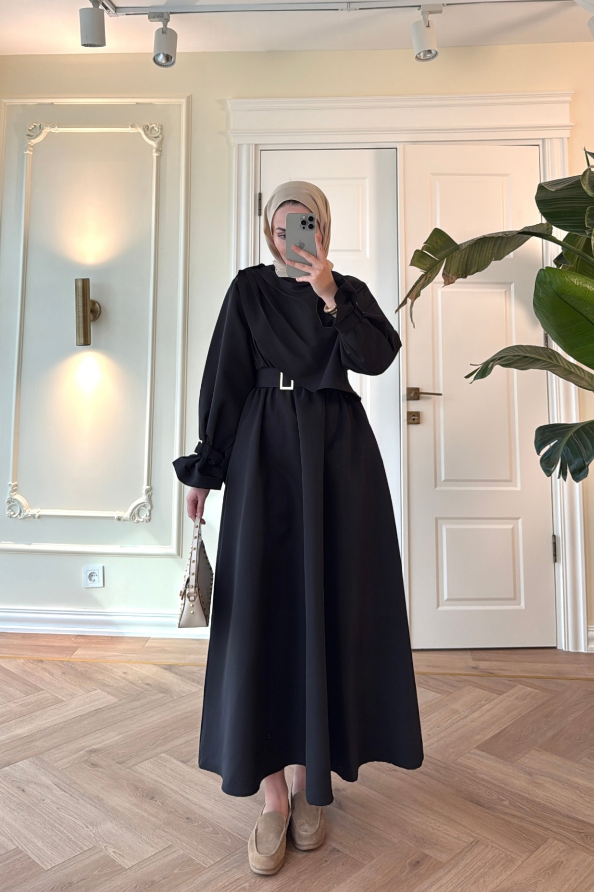 Lezya Şal Detaylı Trenç Elbise-Siyah-8865