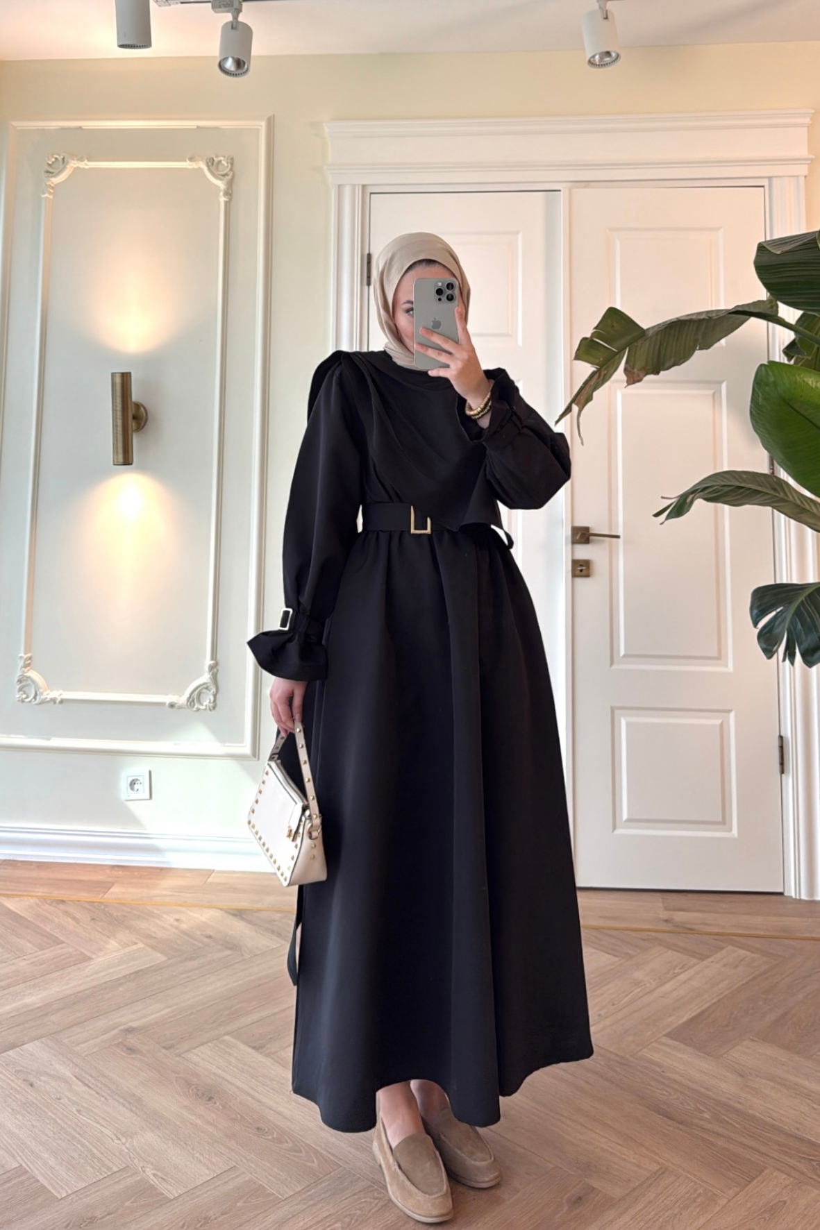Lezya Şal Detaylı Trenç Elbise-Siyah-8865
