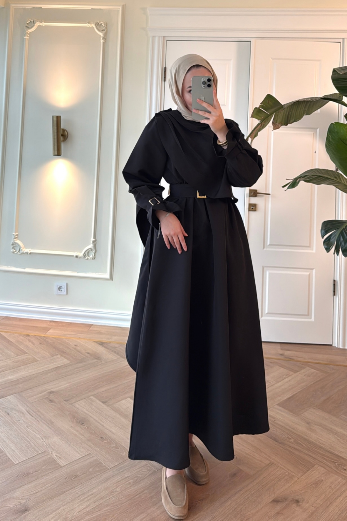 Lezya Şal Detaylı Trenç Elbise-Siyah-8865