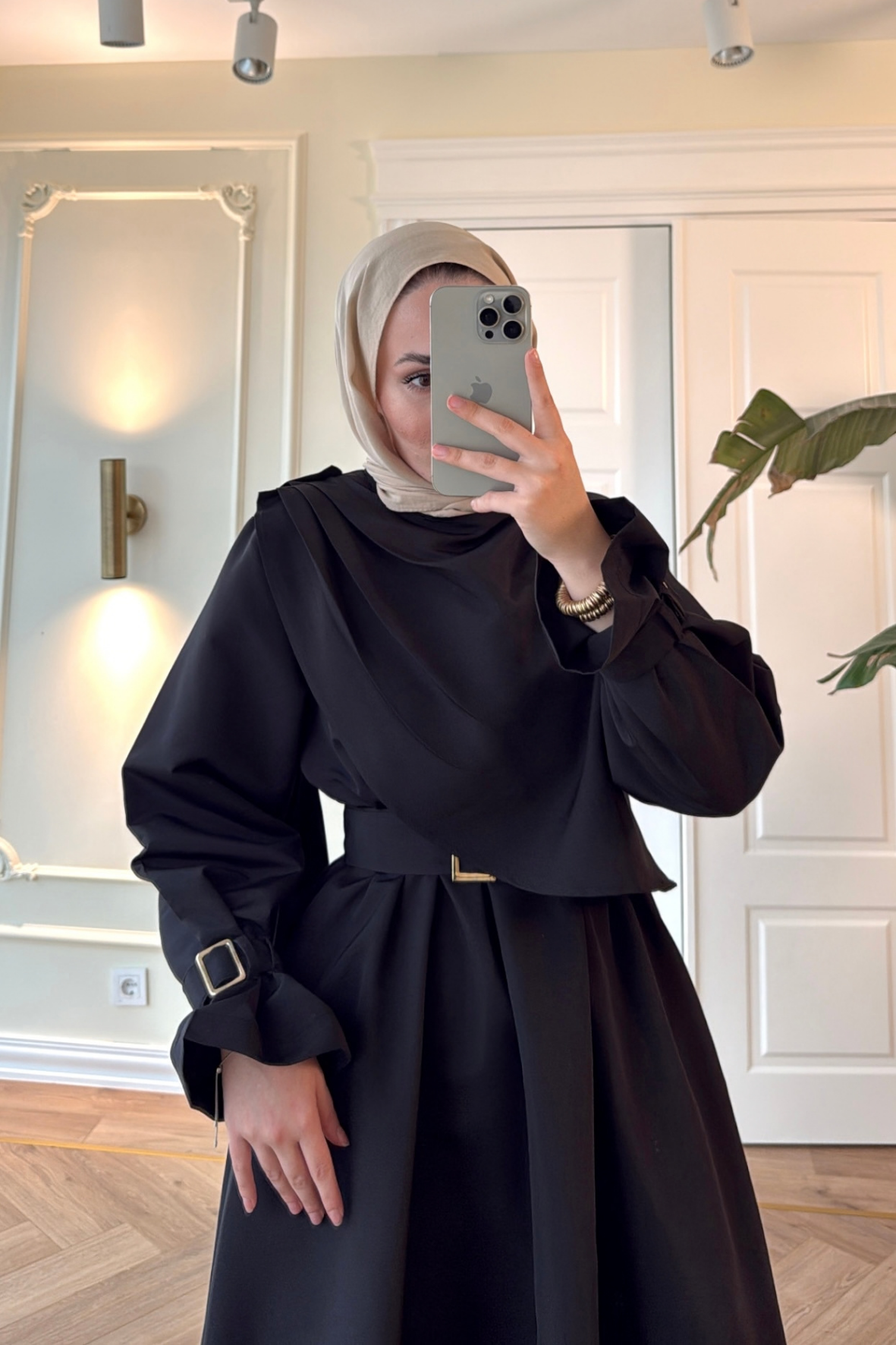 Lezya Şal Detaylı Trenç Elbise-Siyah-8865