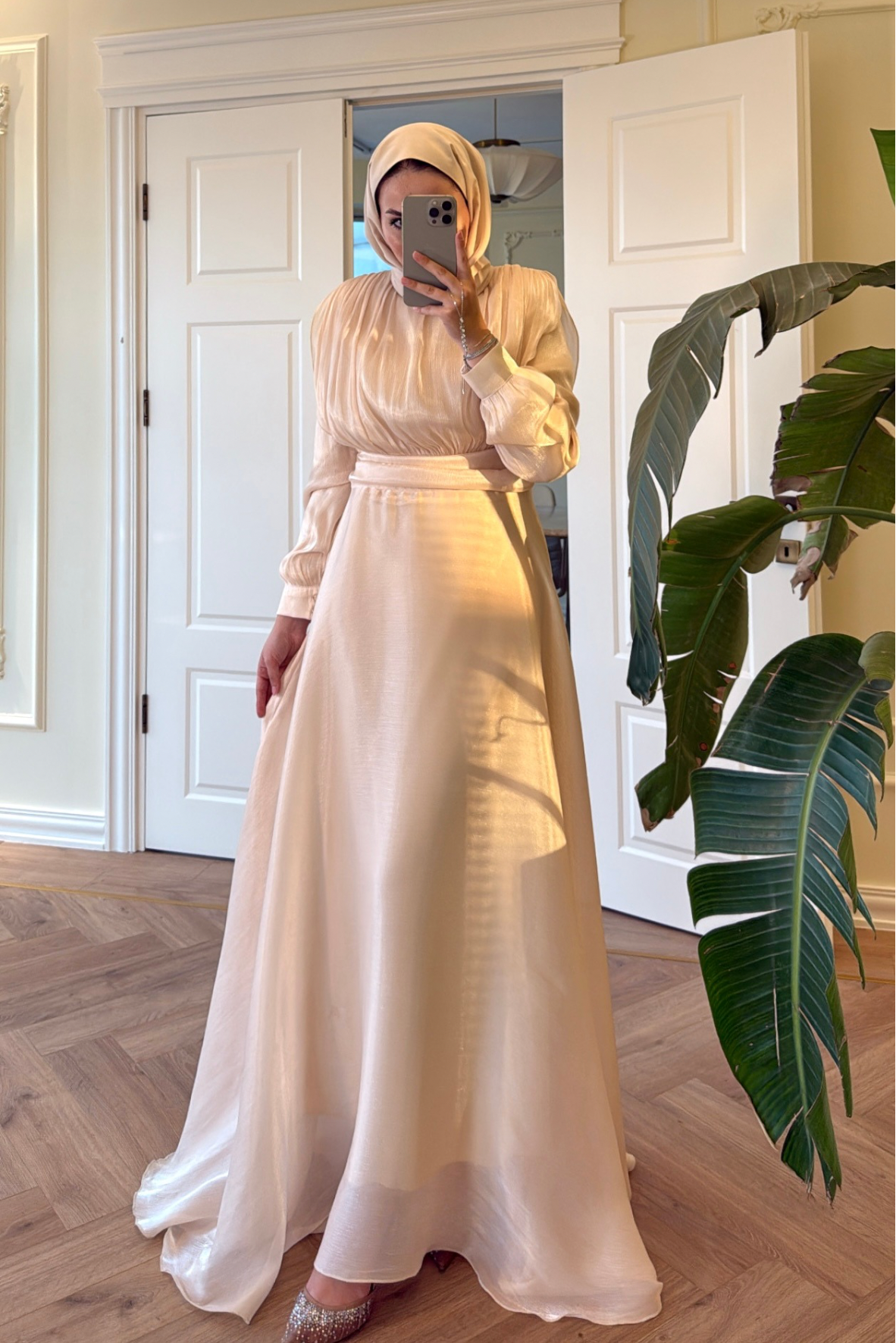 Lidya Simli Organze Abiye Elbise - Bej-26045
