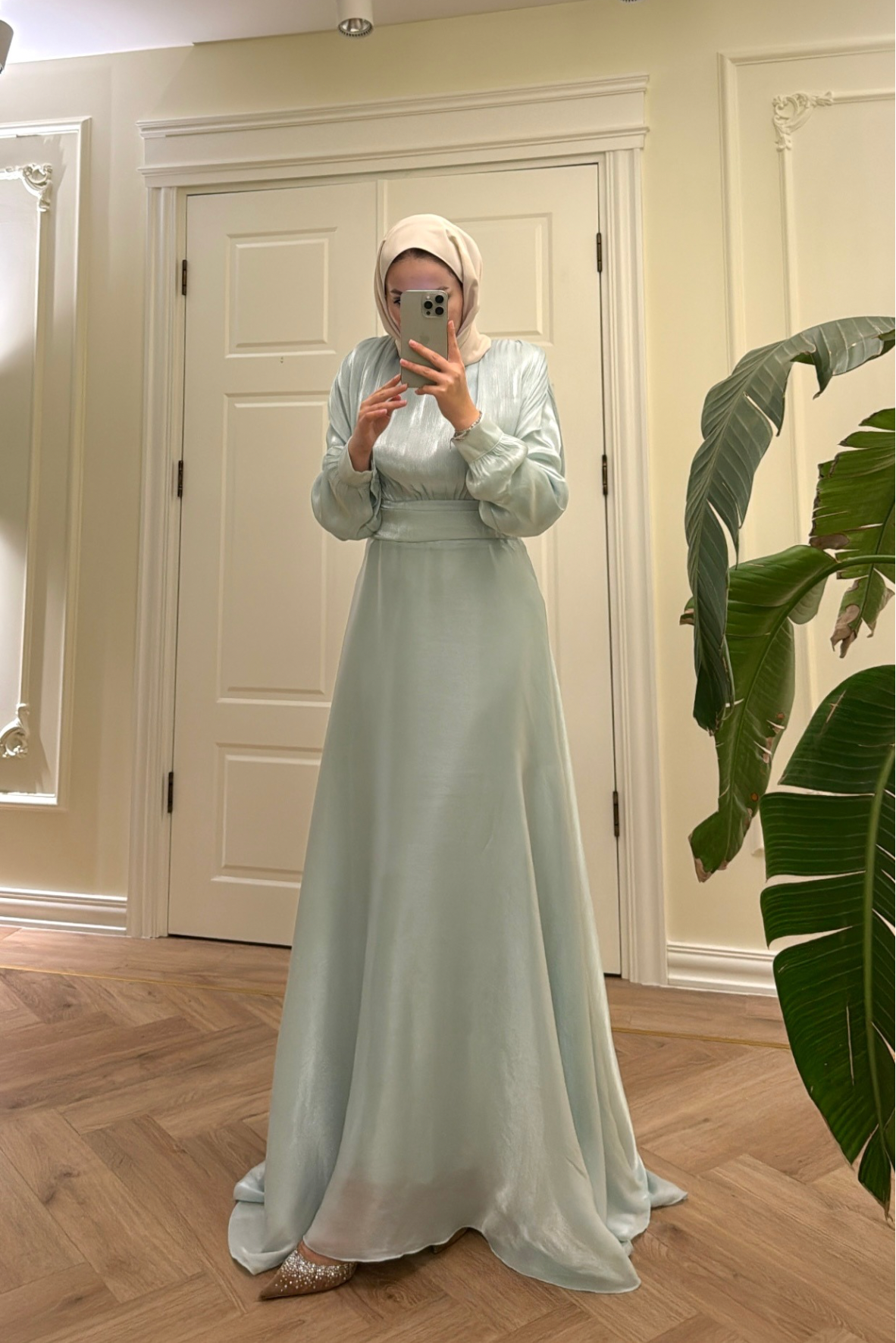 Lidya Simli Organze Abiye Elbise - Mint-26045