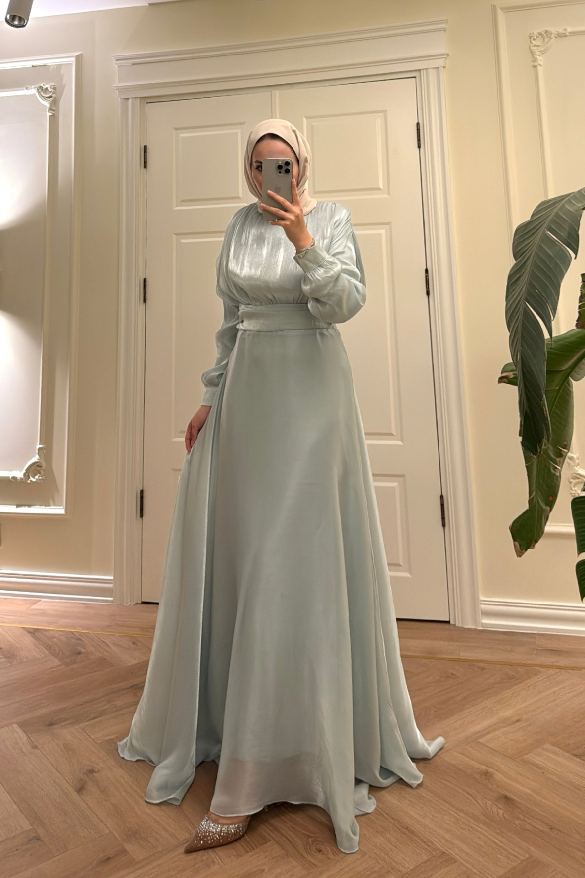 Lidya Simli Organze Abiye Elbise - Mint-26045