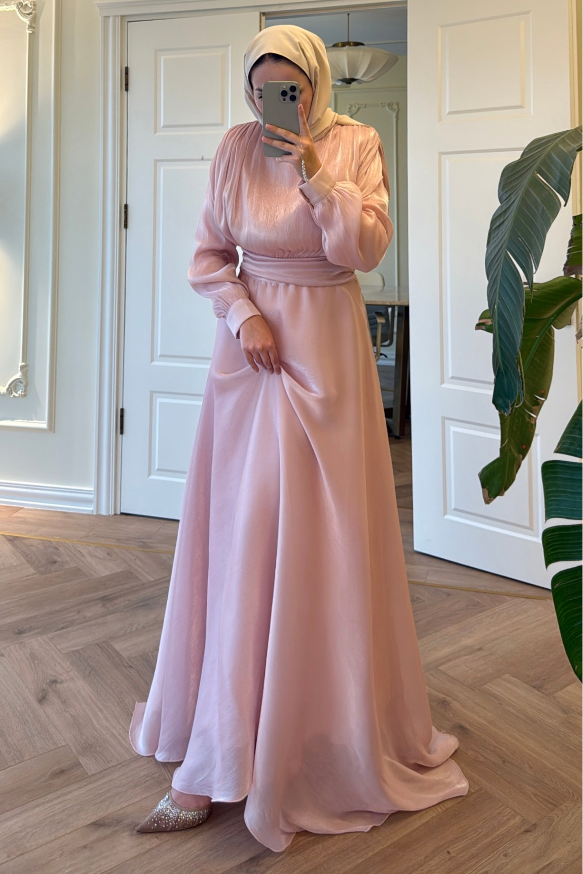 Lidya Simli Organze Abiye Elbise - Pudra-26045