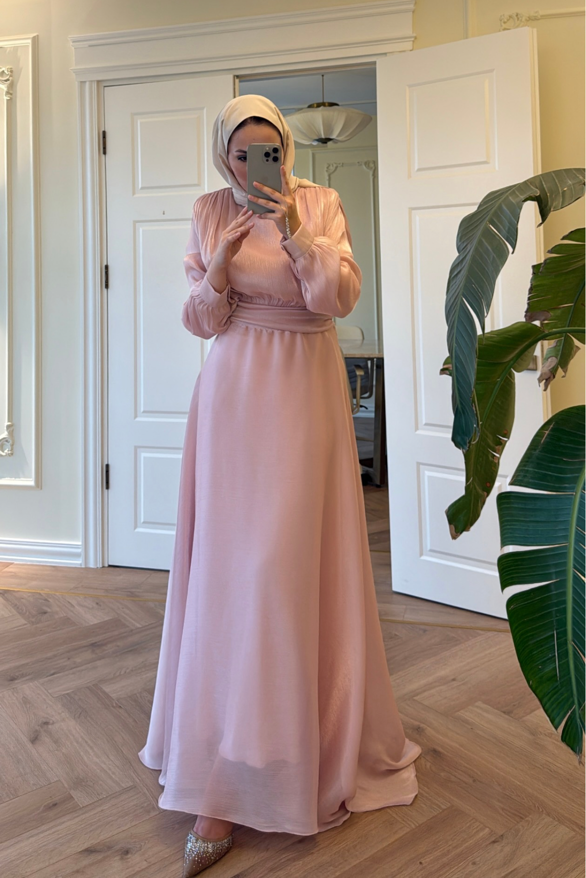 Lidya Simli Organze Abiye Elbise - Pudra-26045
