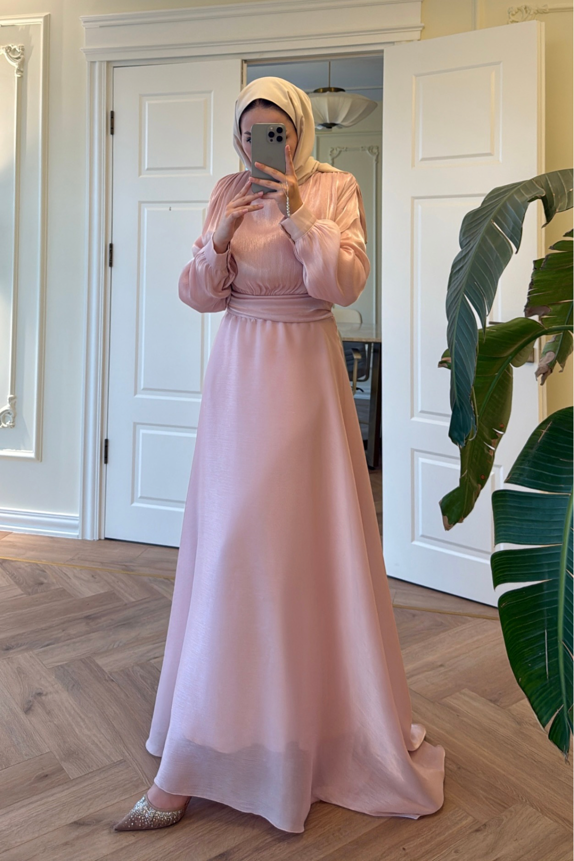 Lidya Simli Organze Abiye Elbise - Pudra-26045