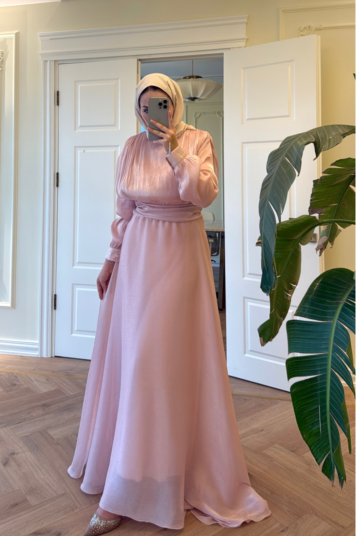 Lidya Simli Organze Abiye Elbise - Pudra-26045