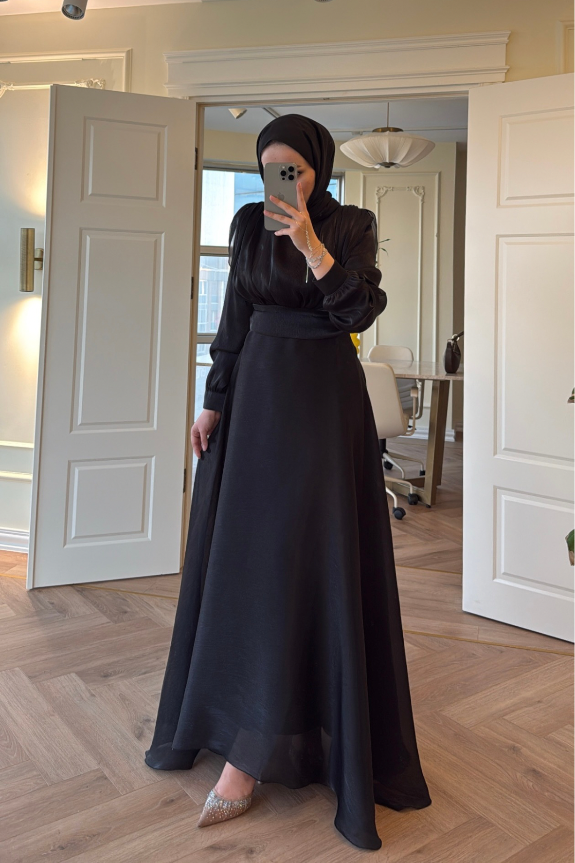 Lidya Simli Organze Abiye Elbise - Siyah-26045