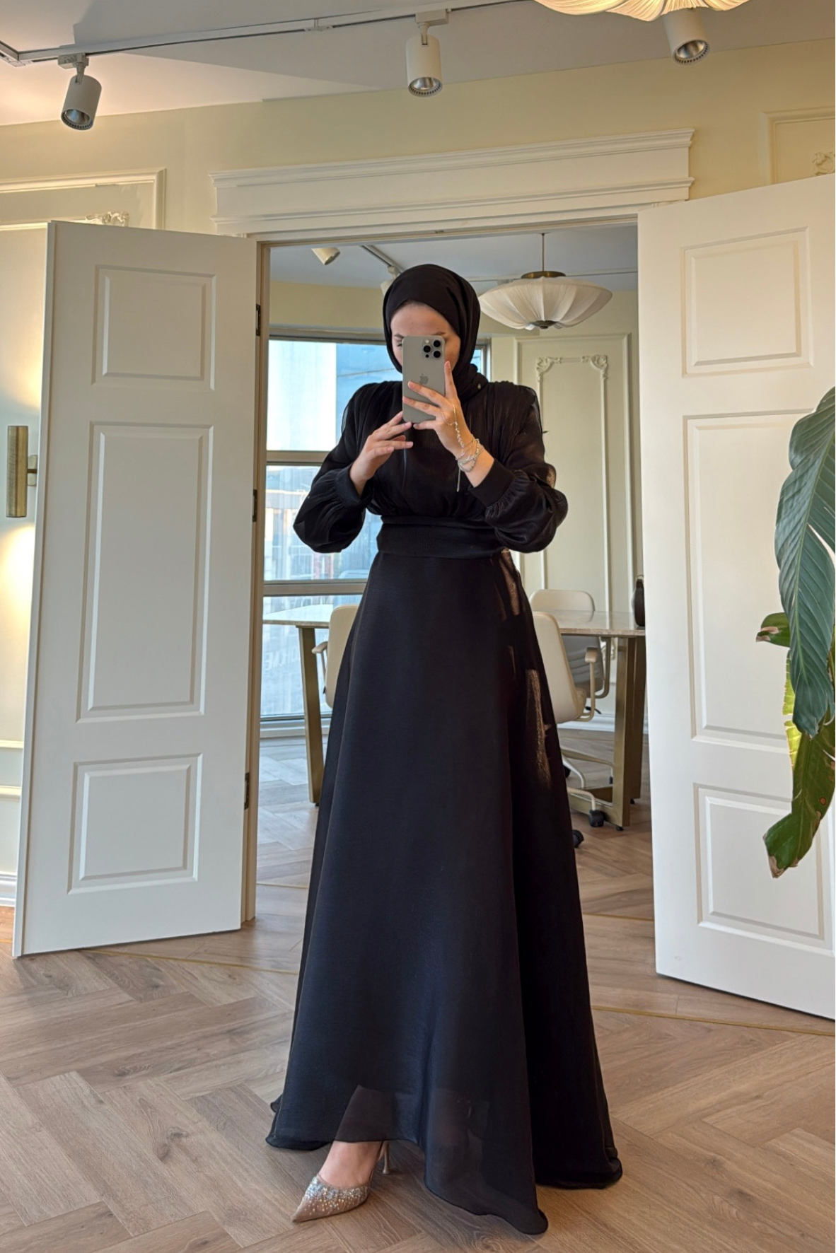 Lidya Simli Organze Abiye Elbise - Siyah-26045