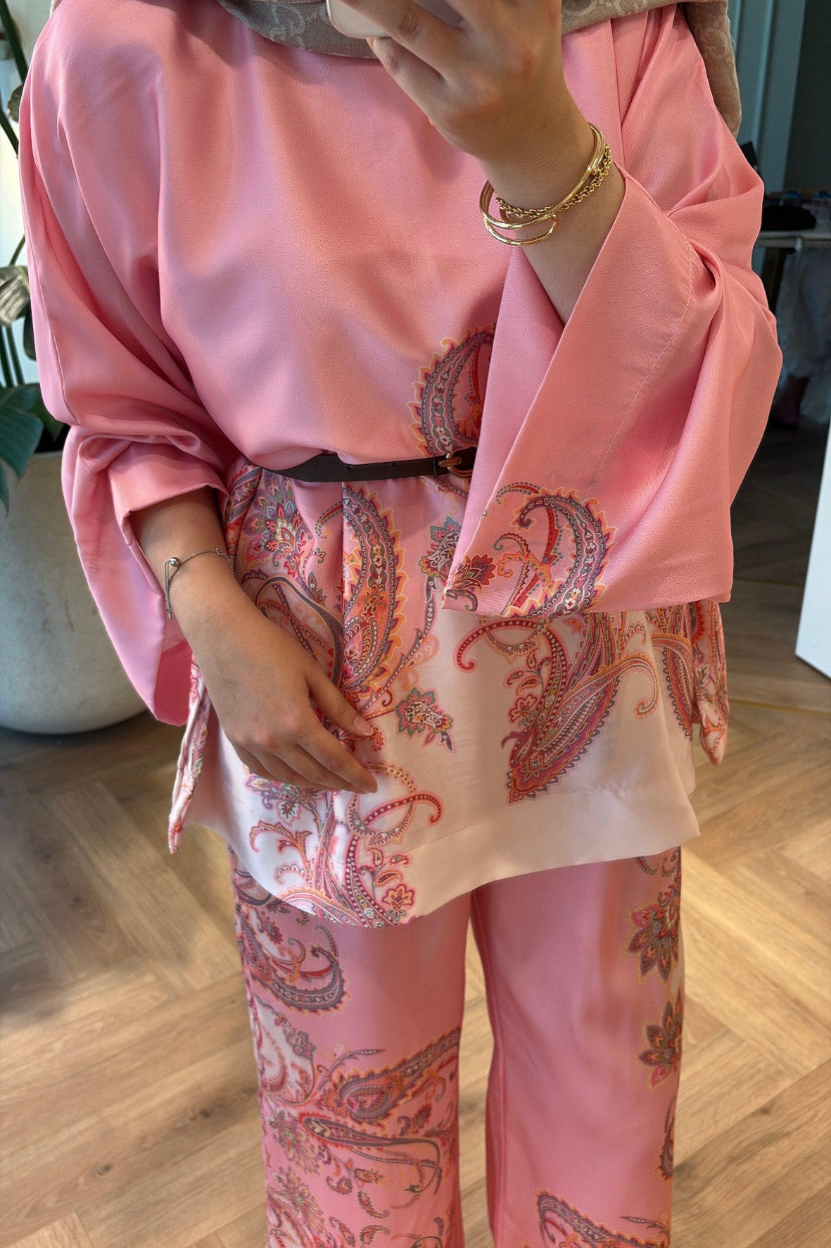 Lilyum Saten Pantolonlu Takım - Pembe-5713