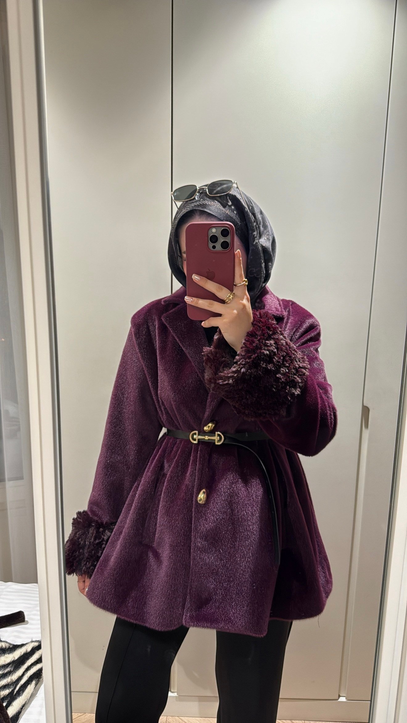 Liora Yaka Fiyonklu Kürklü Kaşe - Mürdüm-6912
