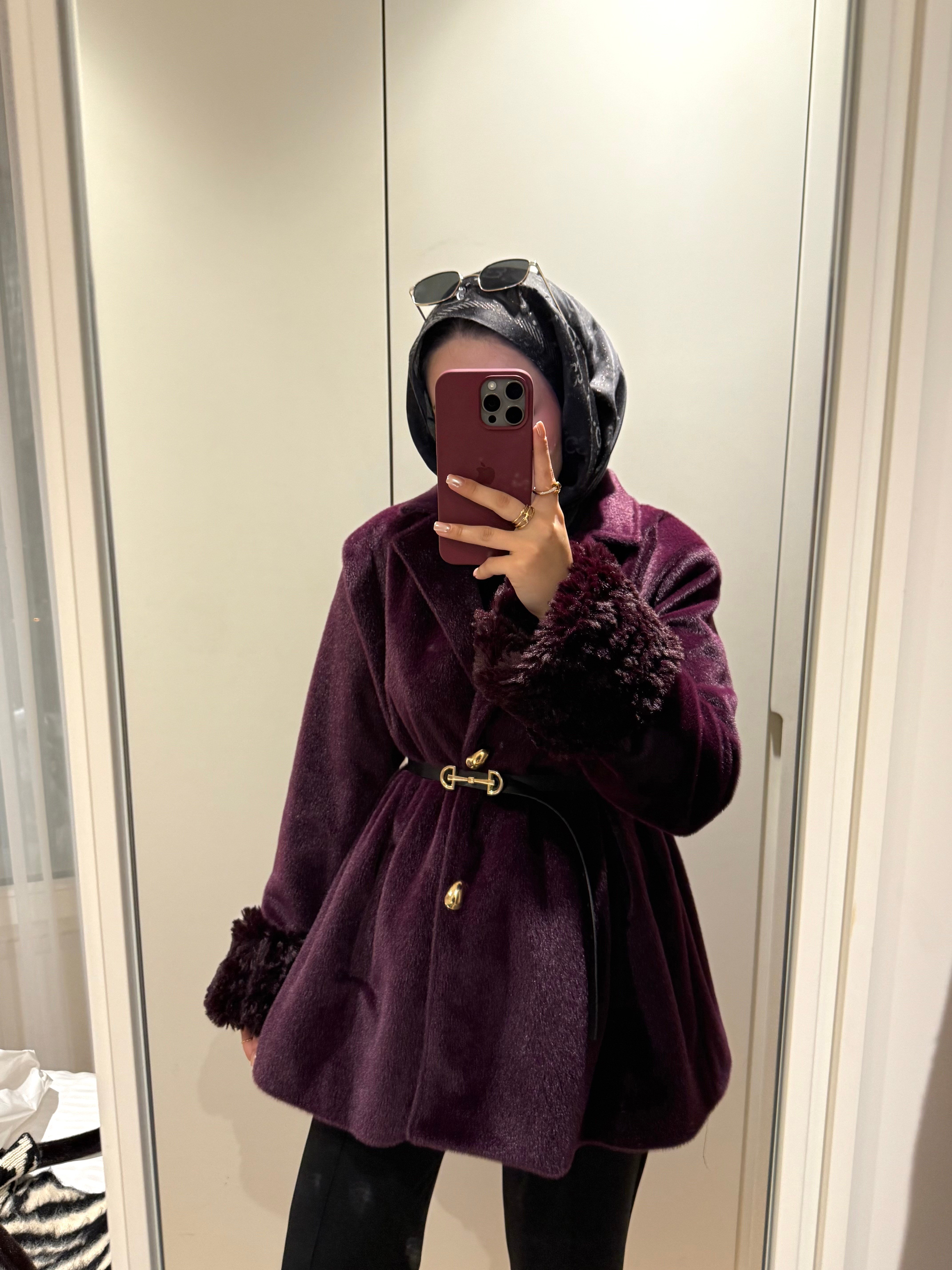 Liora Yaka Fiyonklu Kürklü Kaşe - Mürdüm-6912