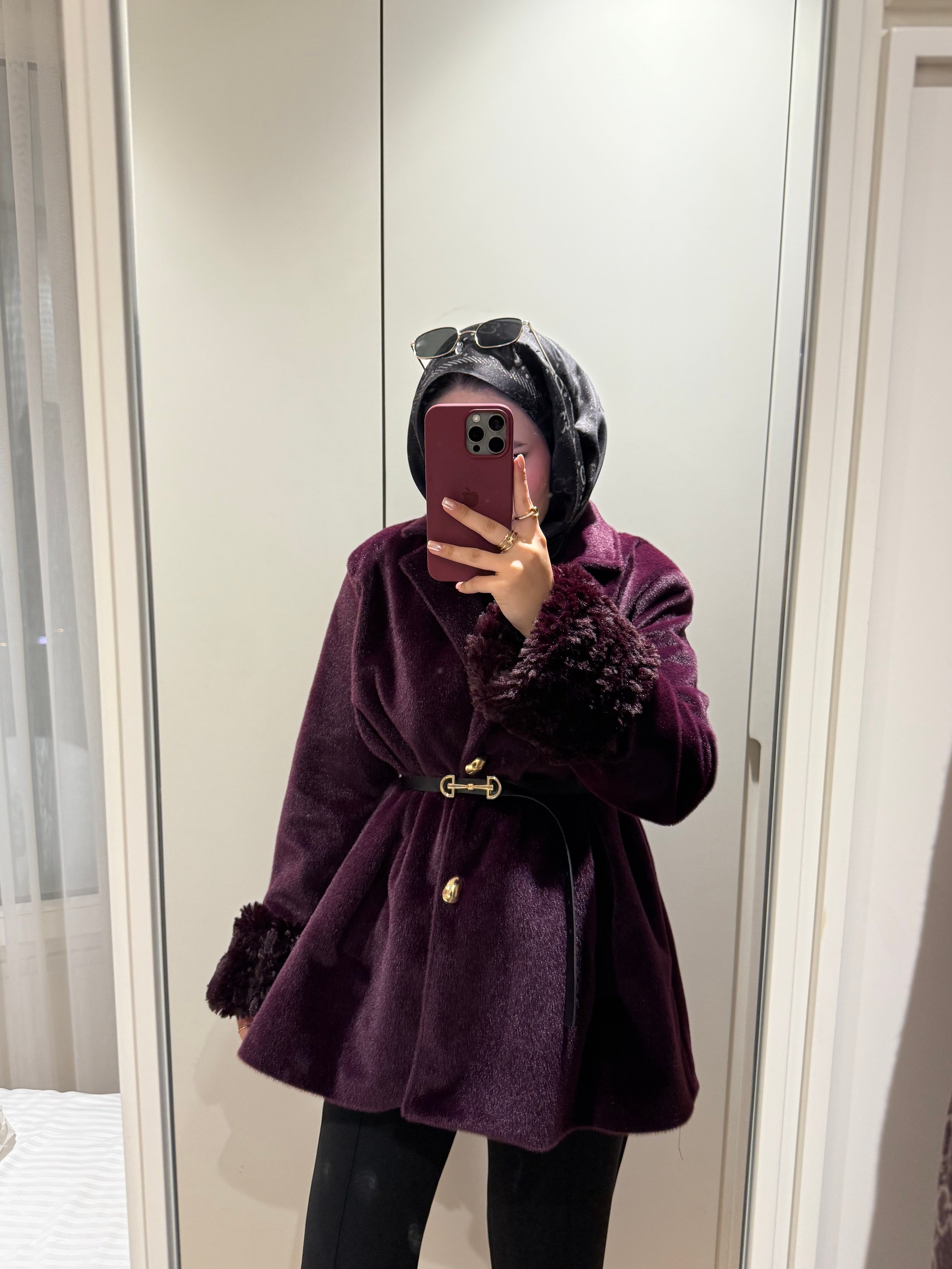 Liora Yaka Fiyonklu Kürklü Kaşe - Mürdüm-6912