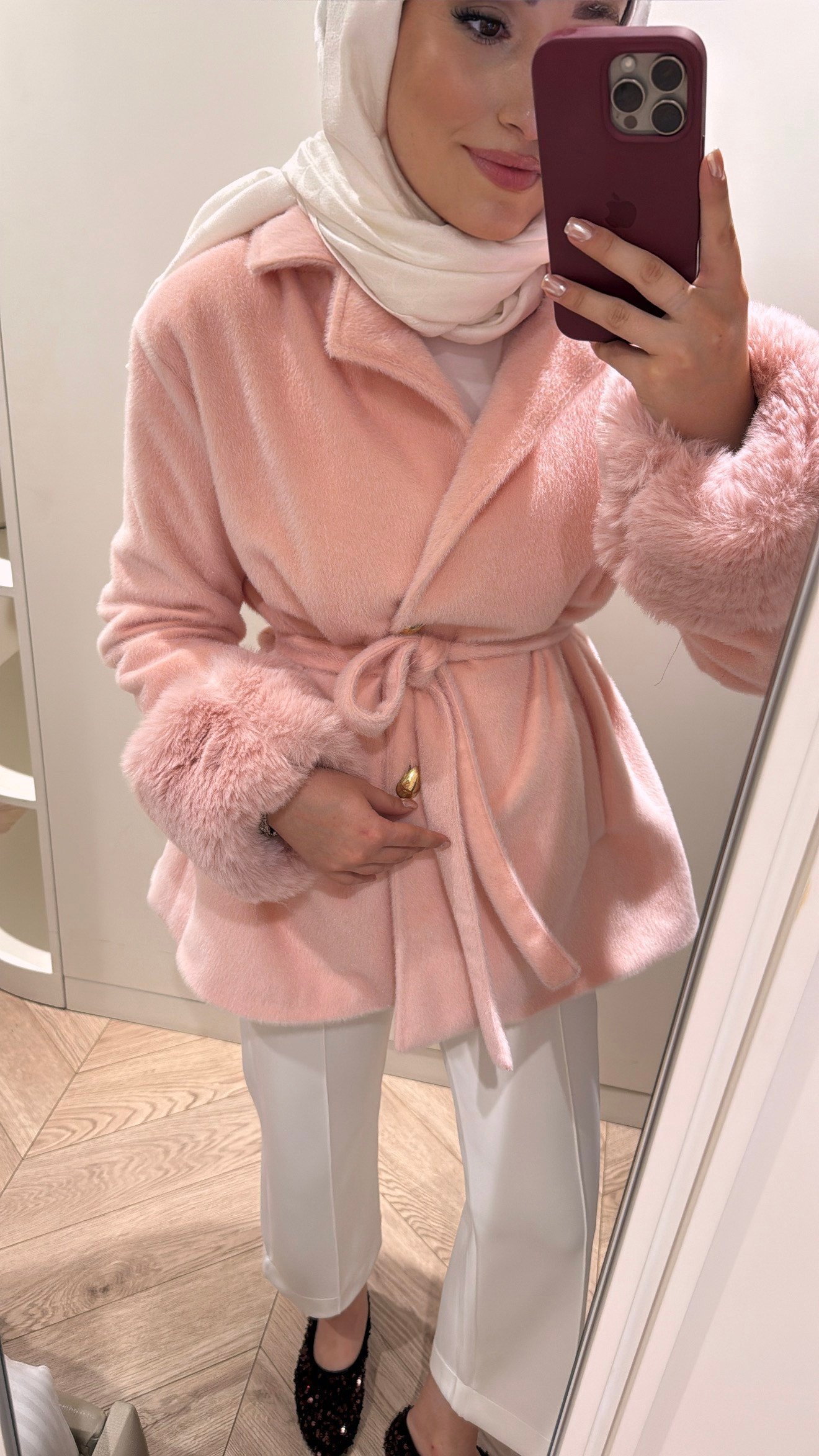 Liora Yaka Fiyonklu Kürklü Kaşe - Pembe-6912