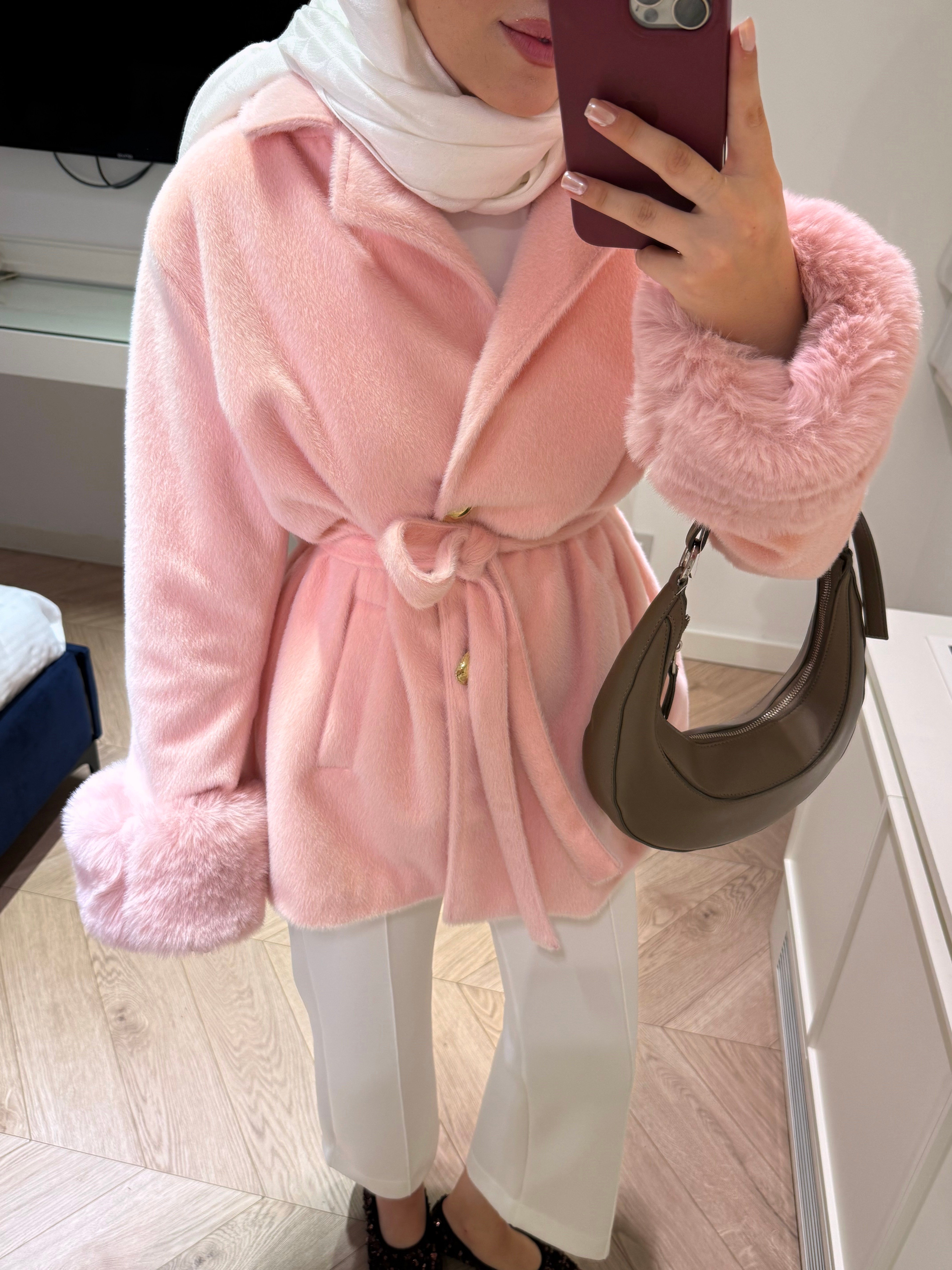 Liora Yaka Fiyonklu Kürklü Kaşe - Pembe-6912
