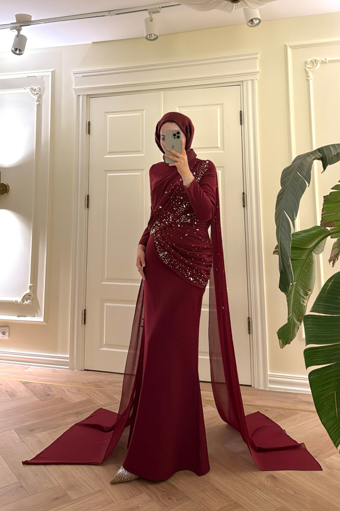Mahur Taş İşlemeli Pelerinli Abiye Elbise - Bordo-4847