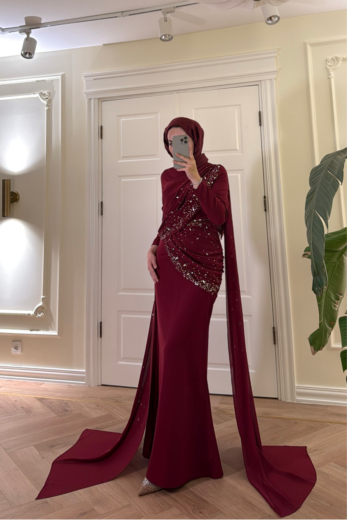 Mahur Taş İşlemeli Pelerinli Abiye Elbise - Bordo-4847