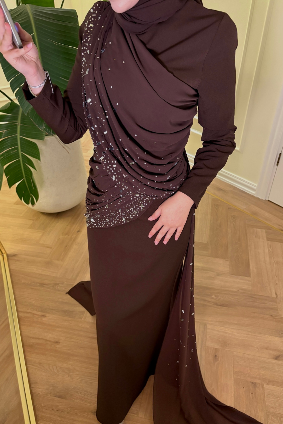 Mahur Taş İşlemeli Pelerinli Abiye Elbise - Acı Kahve-4847