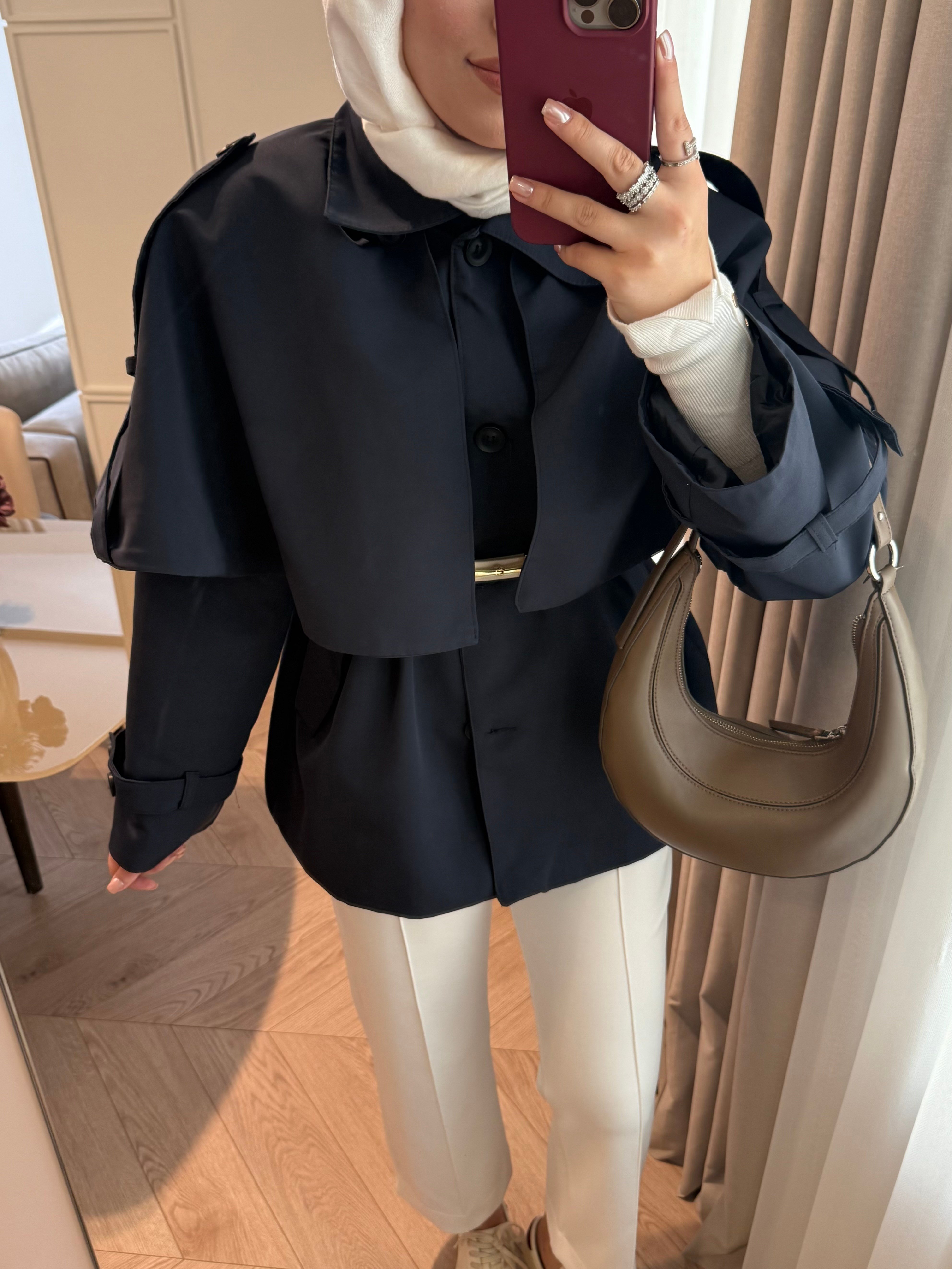 Marvella Pelerin Detay Trenç - Lacivert-7826