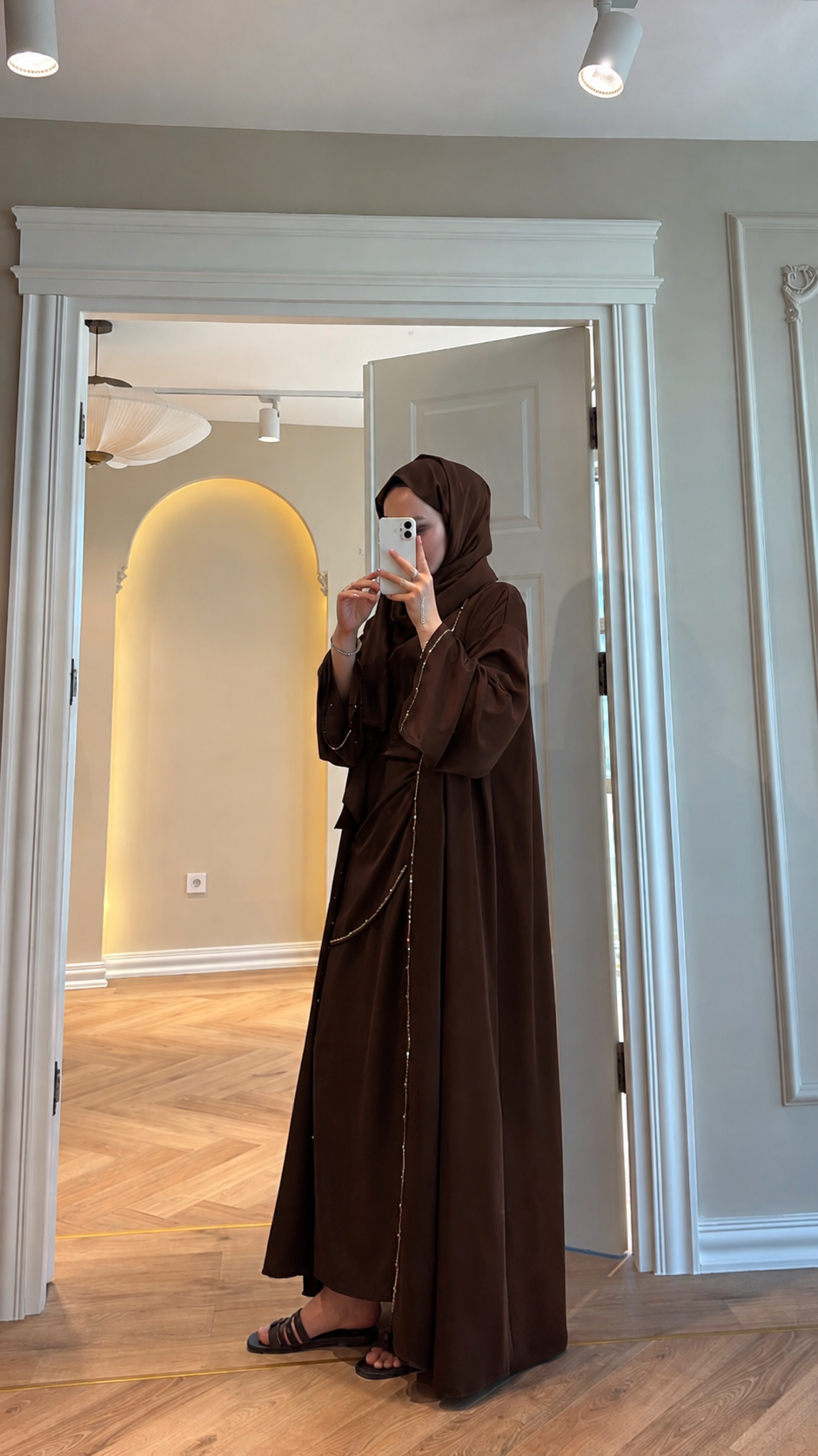 Meloria Taş Şerit Detaylı Abaya - Kahve  (ŞAL HEDİYELİ ) -4389