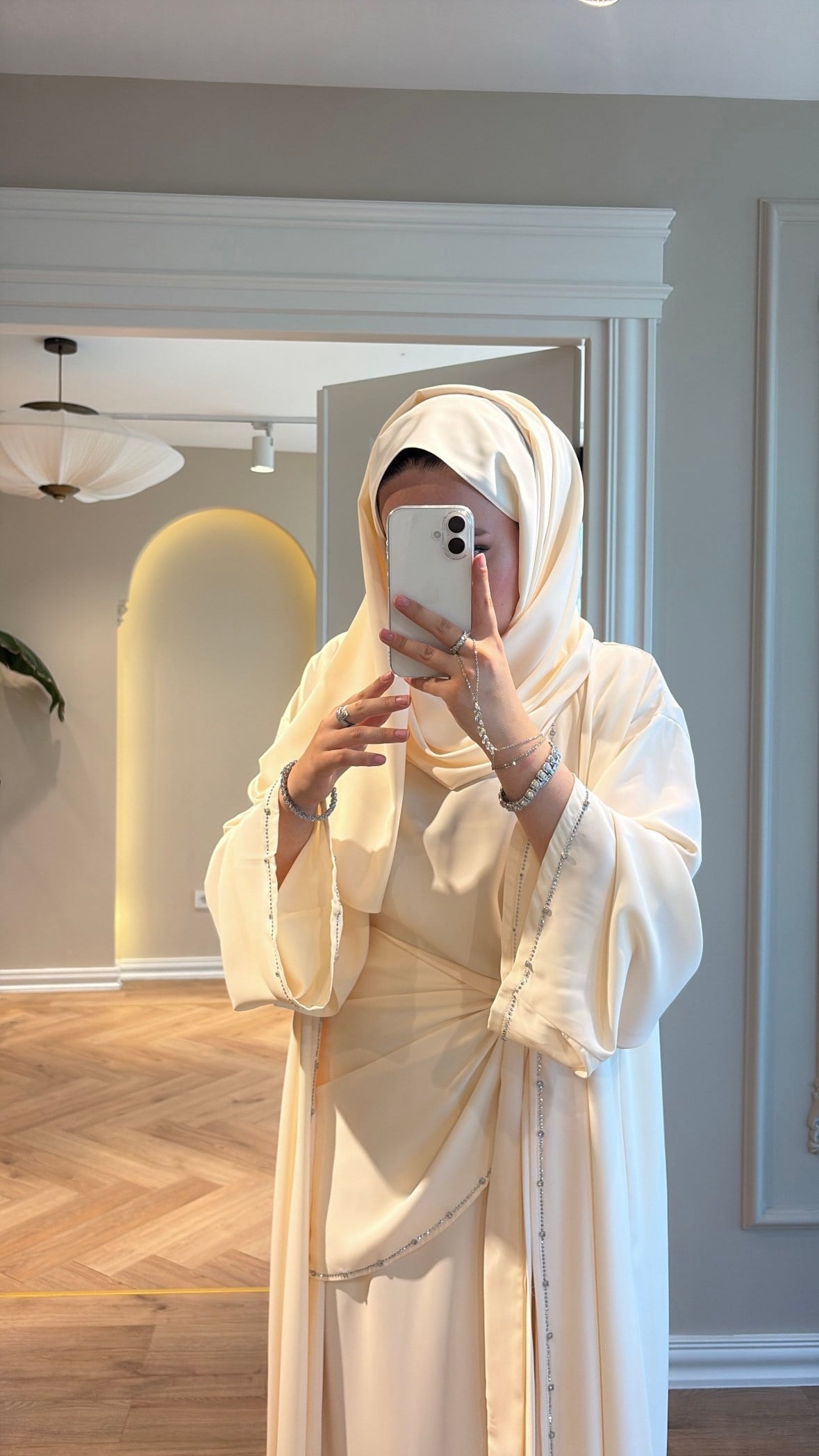 Meloria Taş Şerit Detaylı Abaya - Krem  (ŞAL HEDİYELİ ) -4389