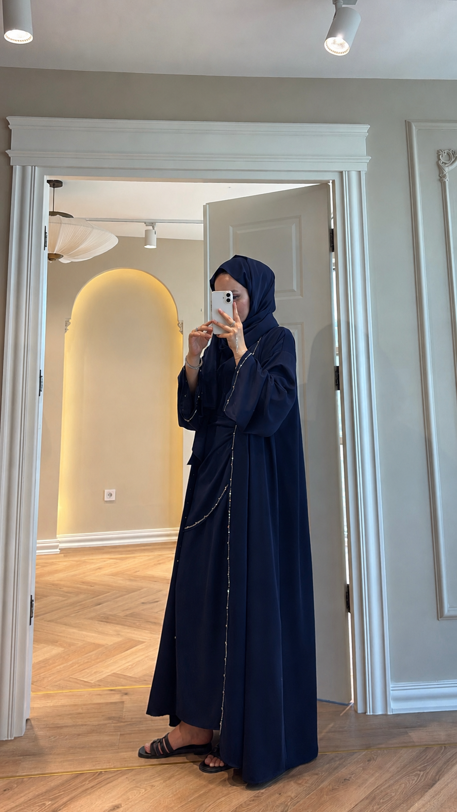 Meloria Taş Şerit Detaylı Abaya - Lacivert -4389