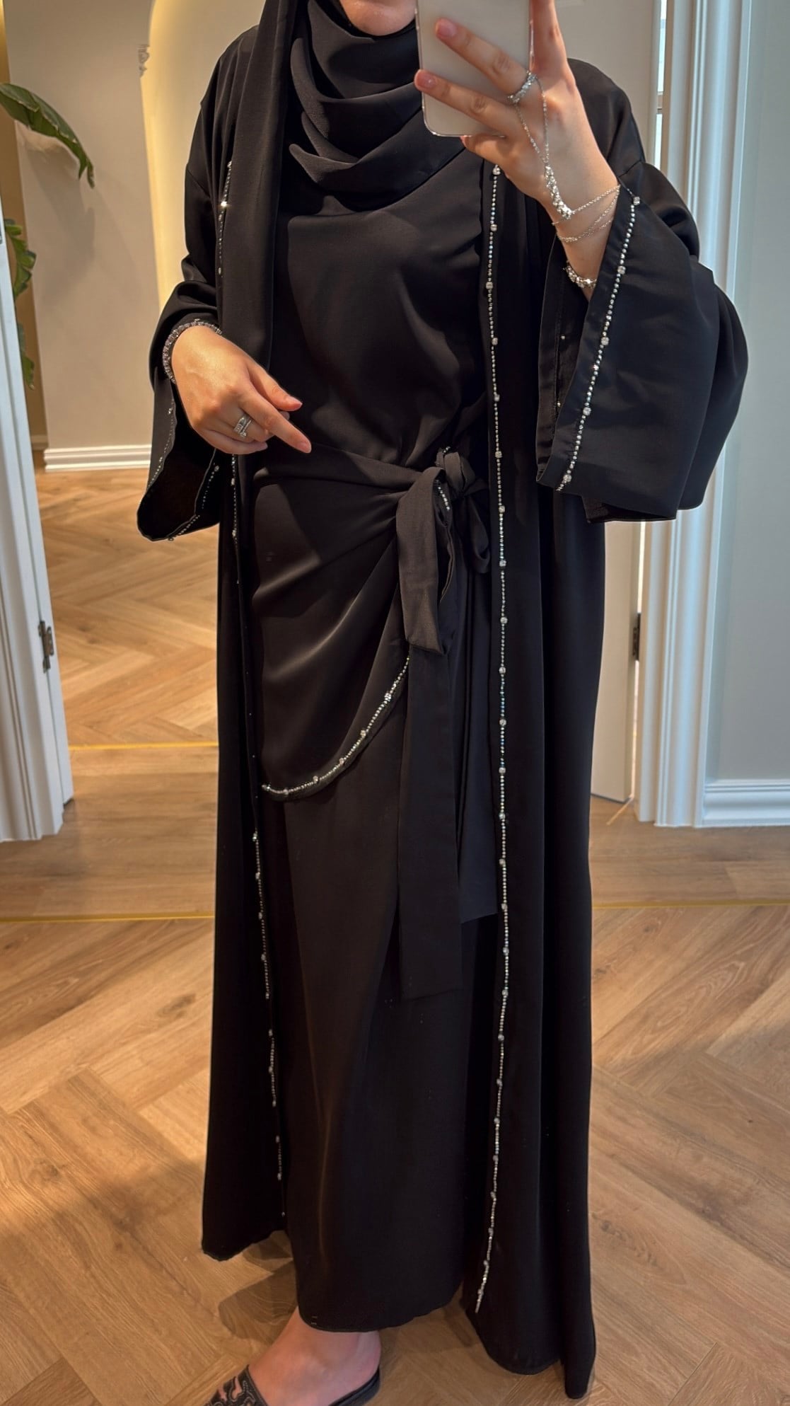 Meloria Taş Şerit Detaylı Abaya - Siyah (ŞAL HEDİYELİ ) -4389
