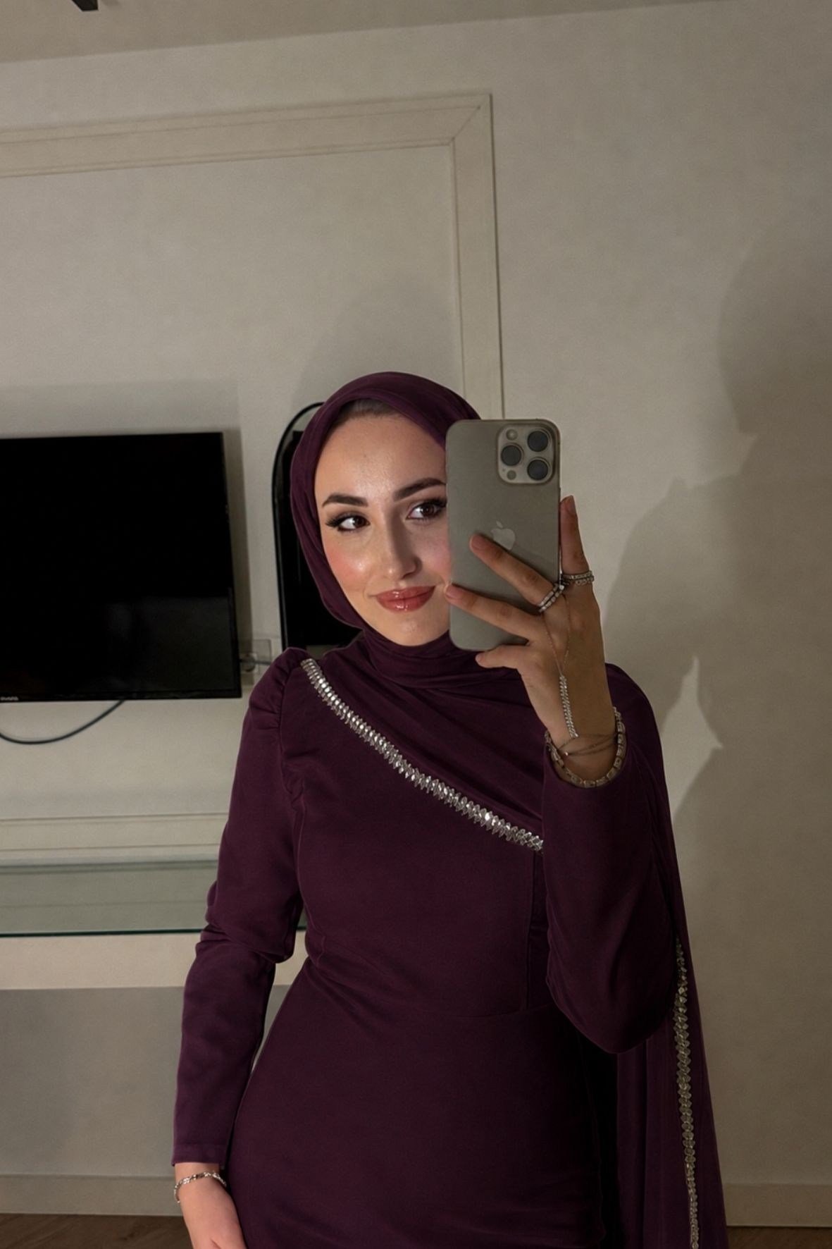 Milena Taşlı Premium Elbise-Mürdüm-ml-7890