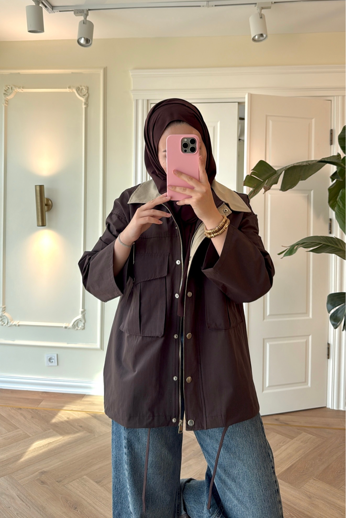Mng Kontrast Yakalı Premium Oversize Ceket-Kahve-4680