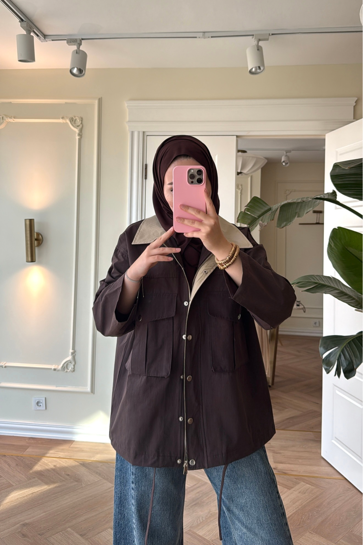 Mng Kontrast Yakalı Premium Oversize Ceket-Kahve-4680