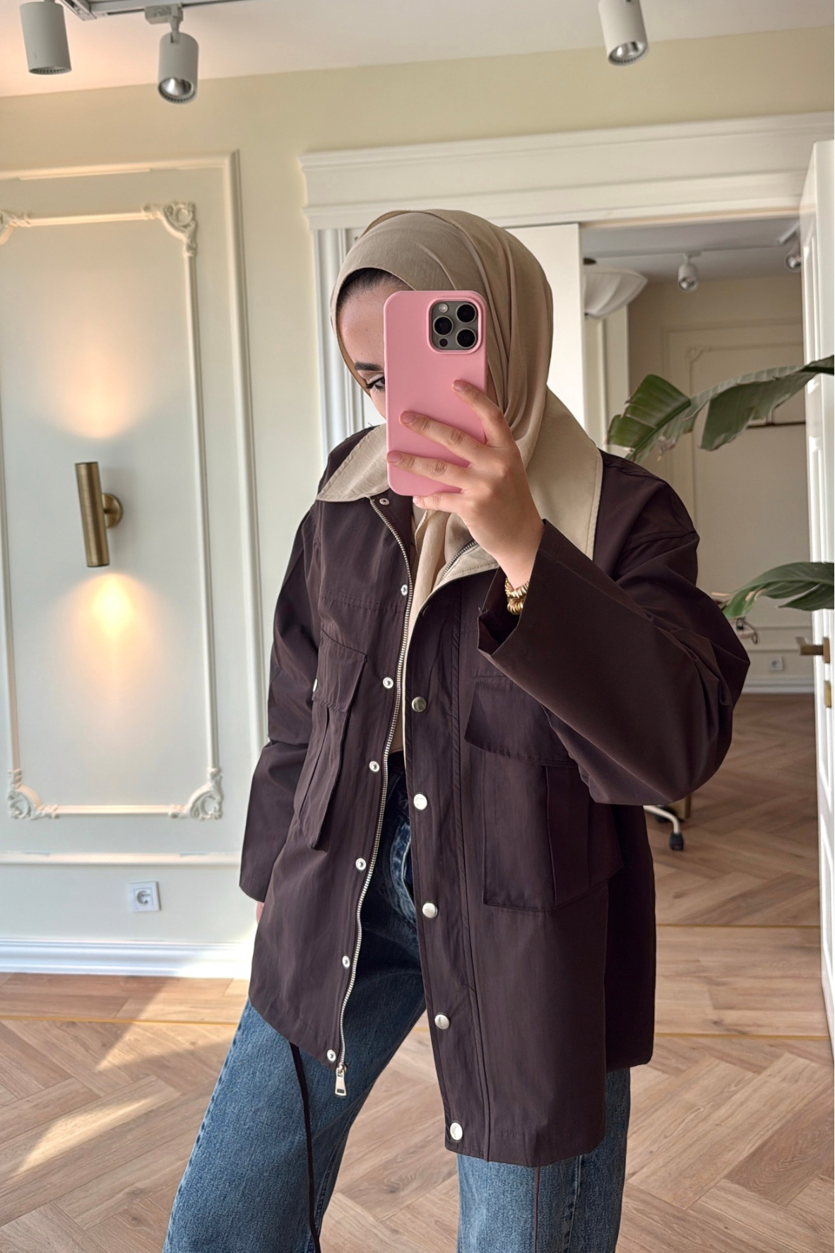 Mng Kontrast Yakalı Premium Oversize Ceket-Kahve-4680